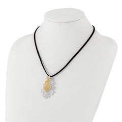 Silver and 24k Gold Dipped Double Real Oak Leaves 20 inch Leather Cord Necklace