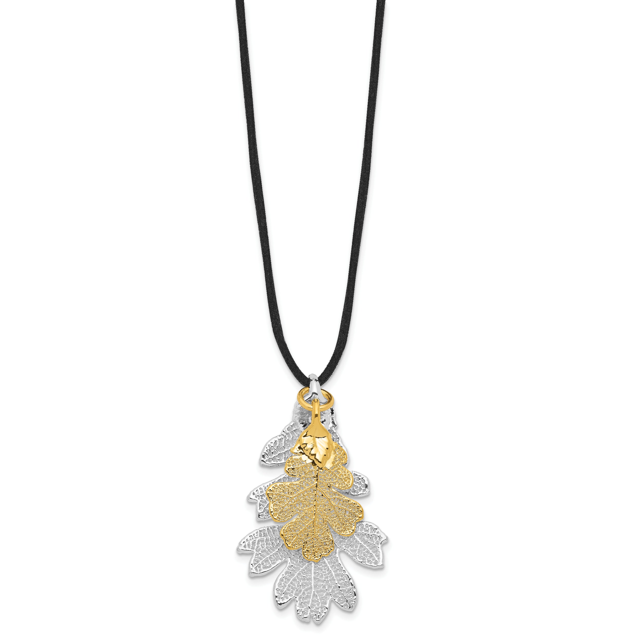 Silver and 24k Gold Dipped Double Real Oak Leaves 20 inch Leather Cord Necklace