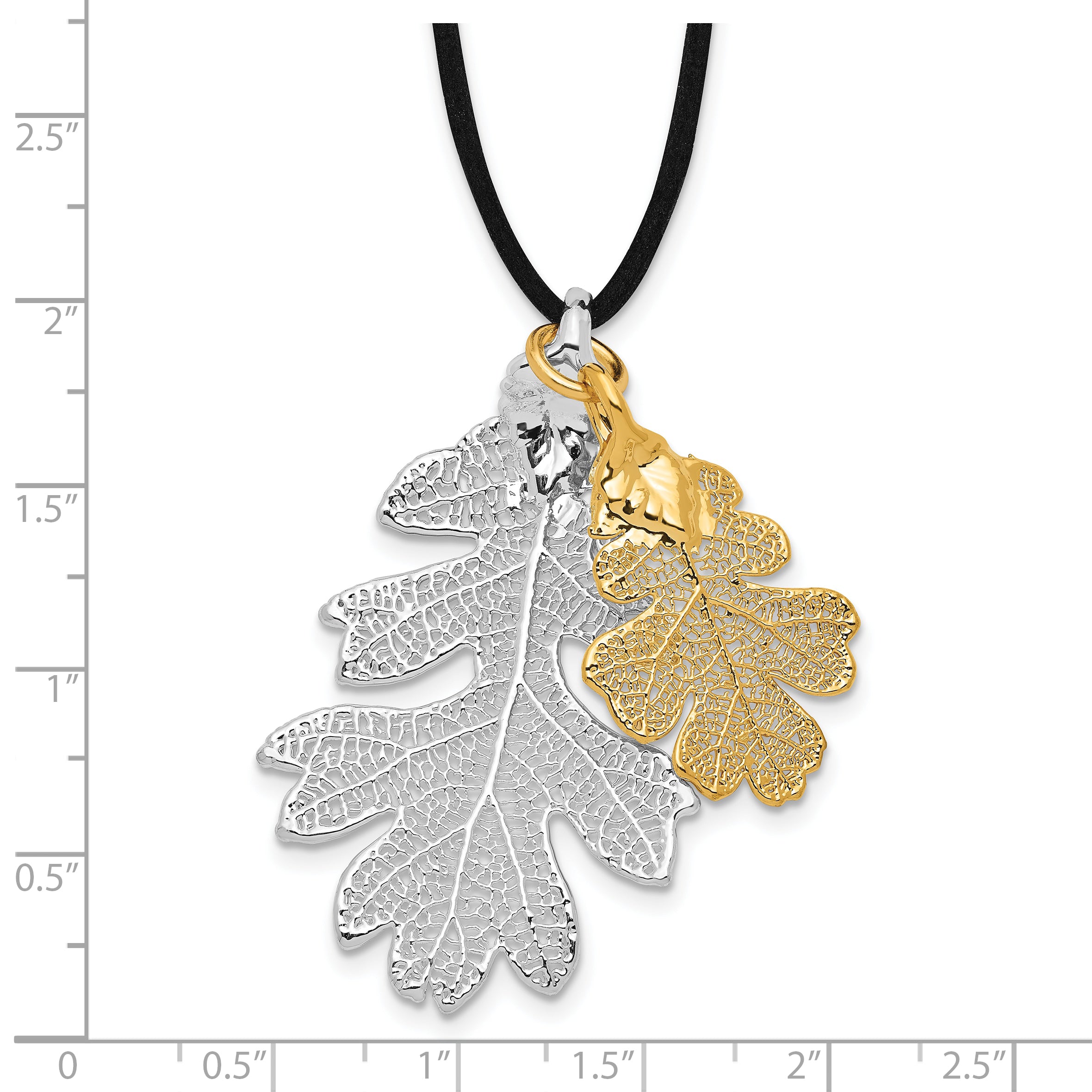 Silver and 24k Gold Dipped Double Real Oak Leaves 20 inch Leather Cord Necklace