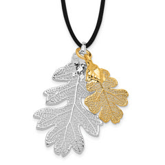 Silver and 24k Gold Dipped Double Real Oak Leaves 20 inch Leather Cord Necklace