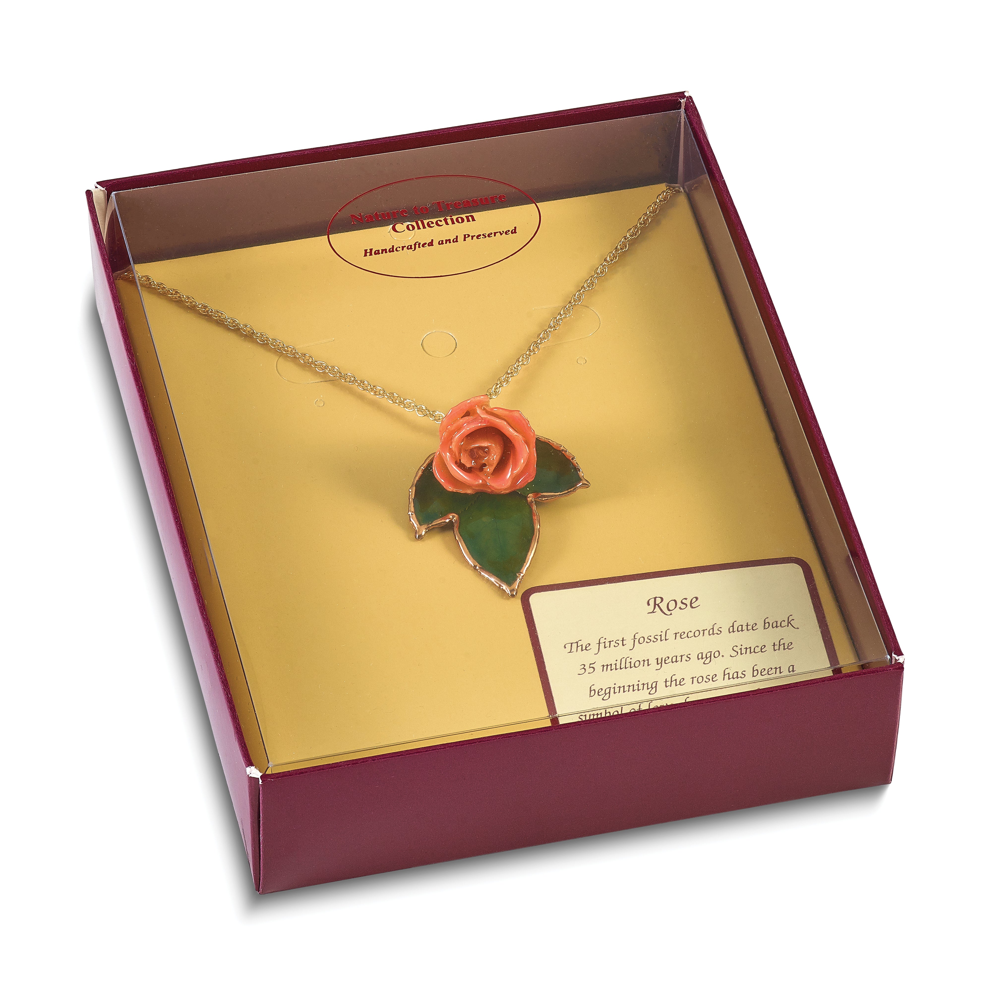 Lacquer Dipped Cream and Pink Real Rose on 24K Gold-trim Lacquered Dipped Leaf 20 inch Gold-tone Necklace