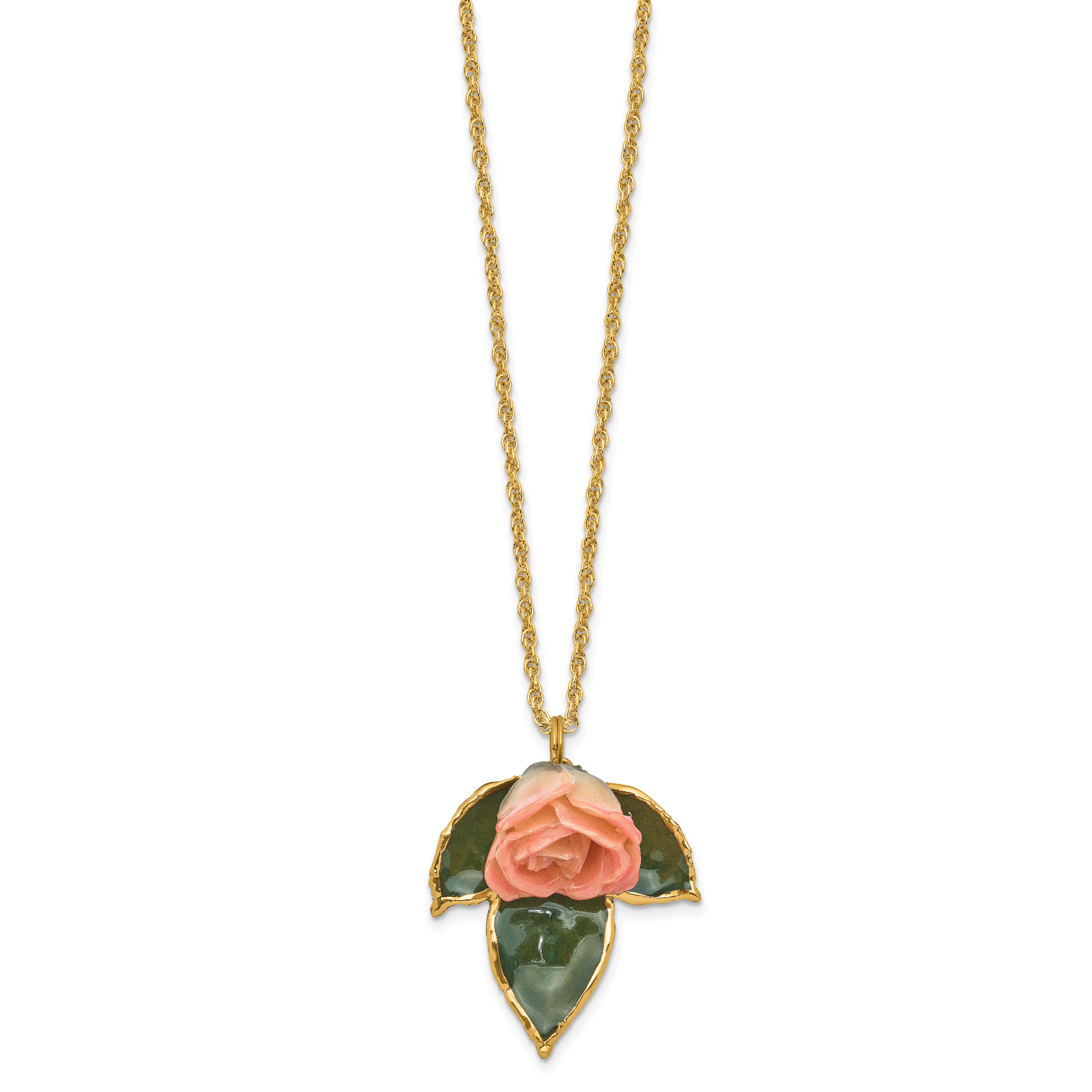 Lacquer Dipped Cream and Pink Real Rose on 24K Gold-trim Lacquered Dipped Leaf 20 inch Gold-tone Necklace Secondary image