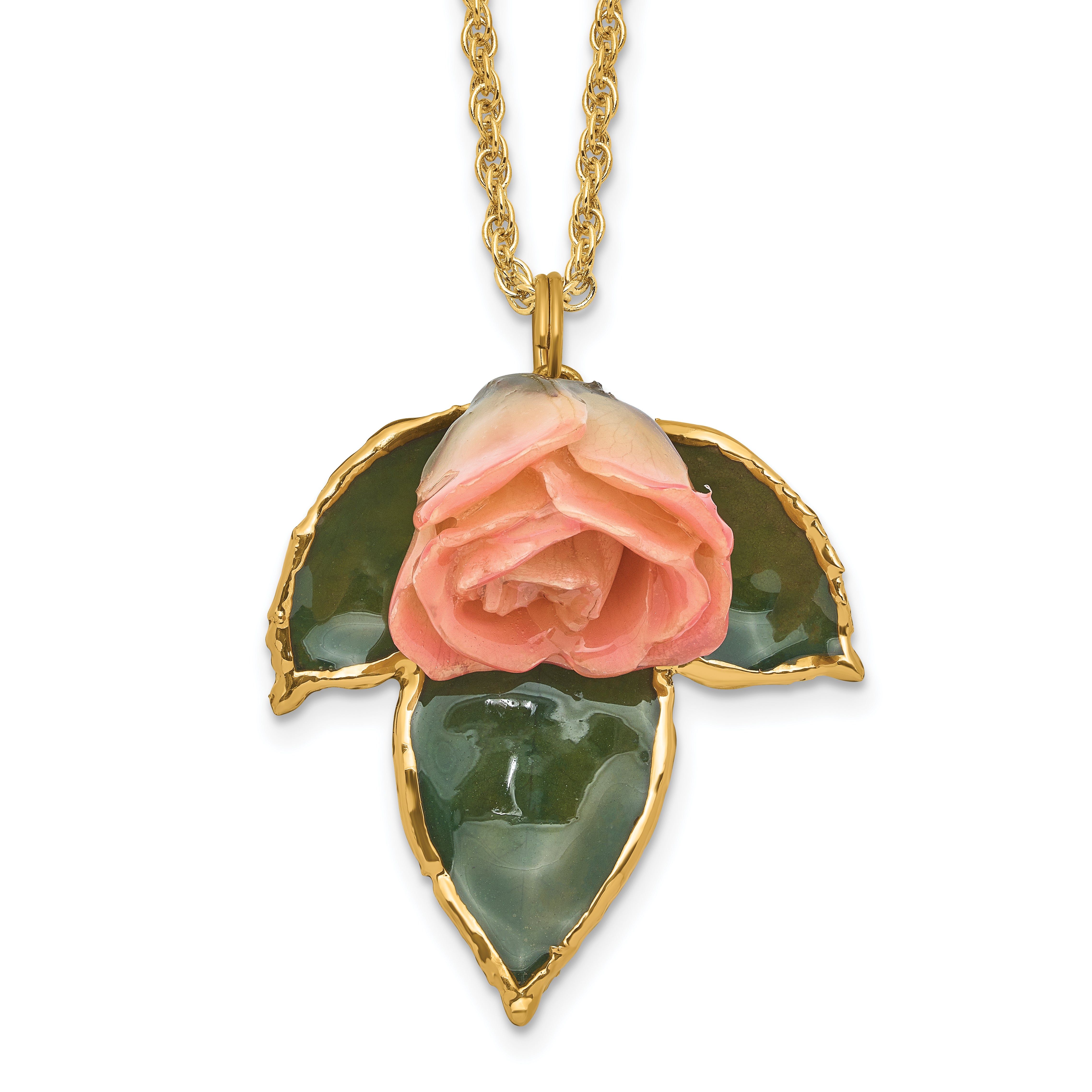 Lacquer Dipped Cream and Pink Real Rose on 24K Gold-trim Lacquered Dipped Leaf 20 inch Gold-tone Necklace Main image