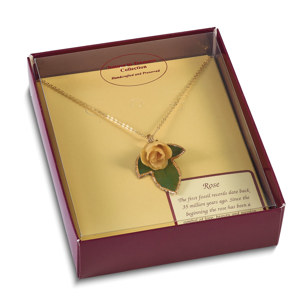 Lacquer Dipped White Real Rose on 24K Gold-trim Lacquer Dipped Leaf 20 inch Gold-tone Necklace