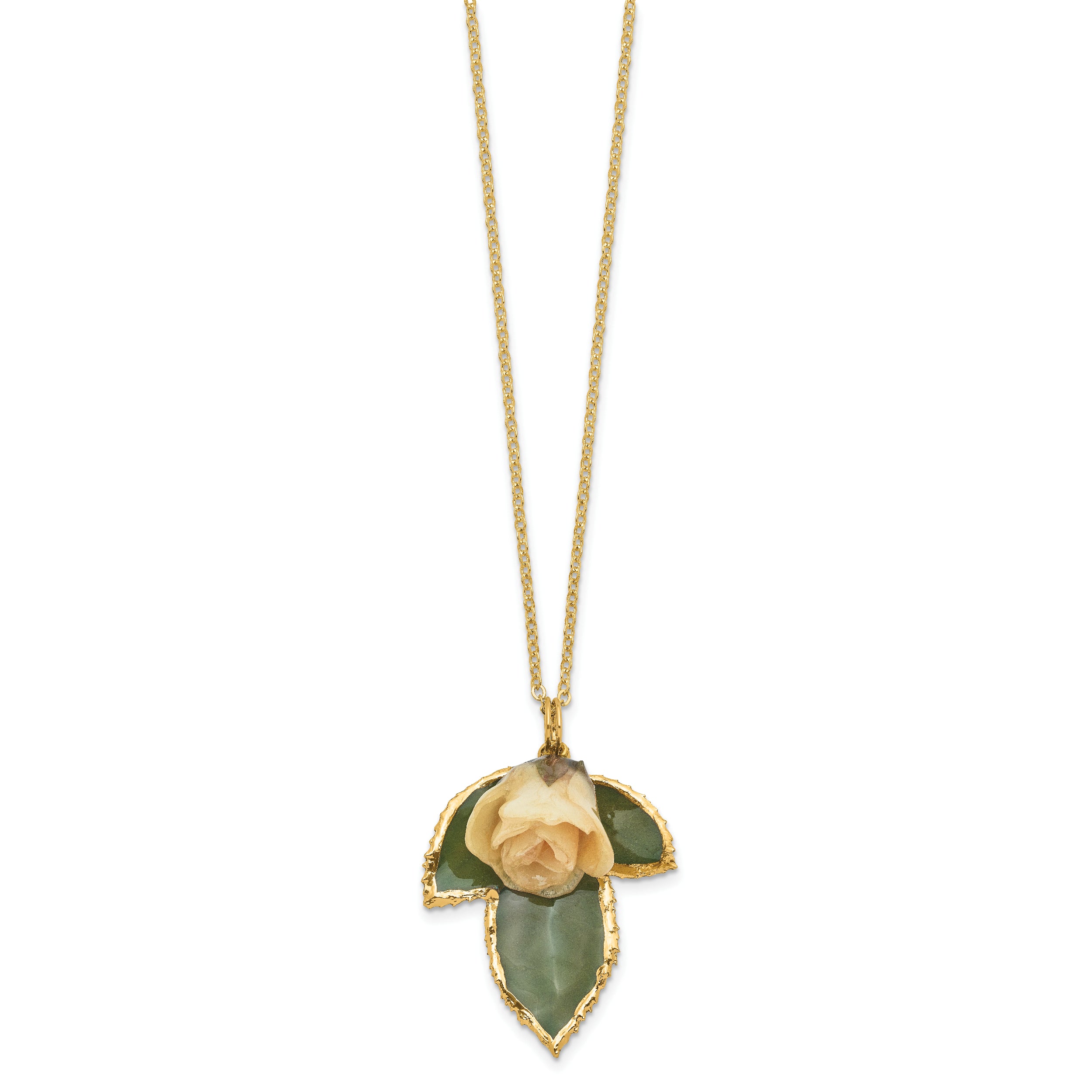 Lacquer Dipped White Real Rose on 24K Gold-trim Lacquer Dipped Leaf 20 inch Gold-tone Necklace