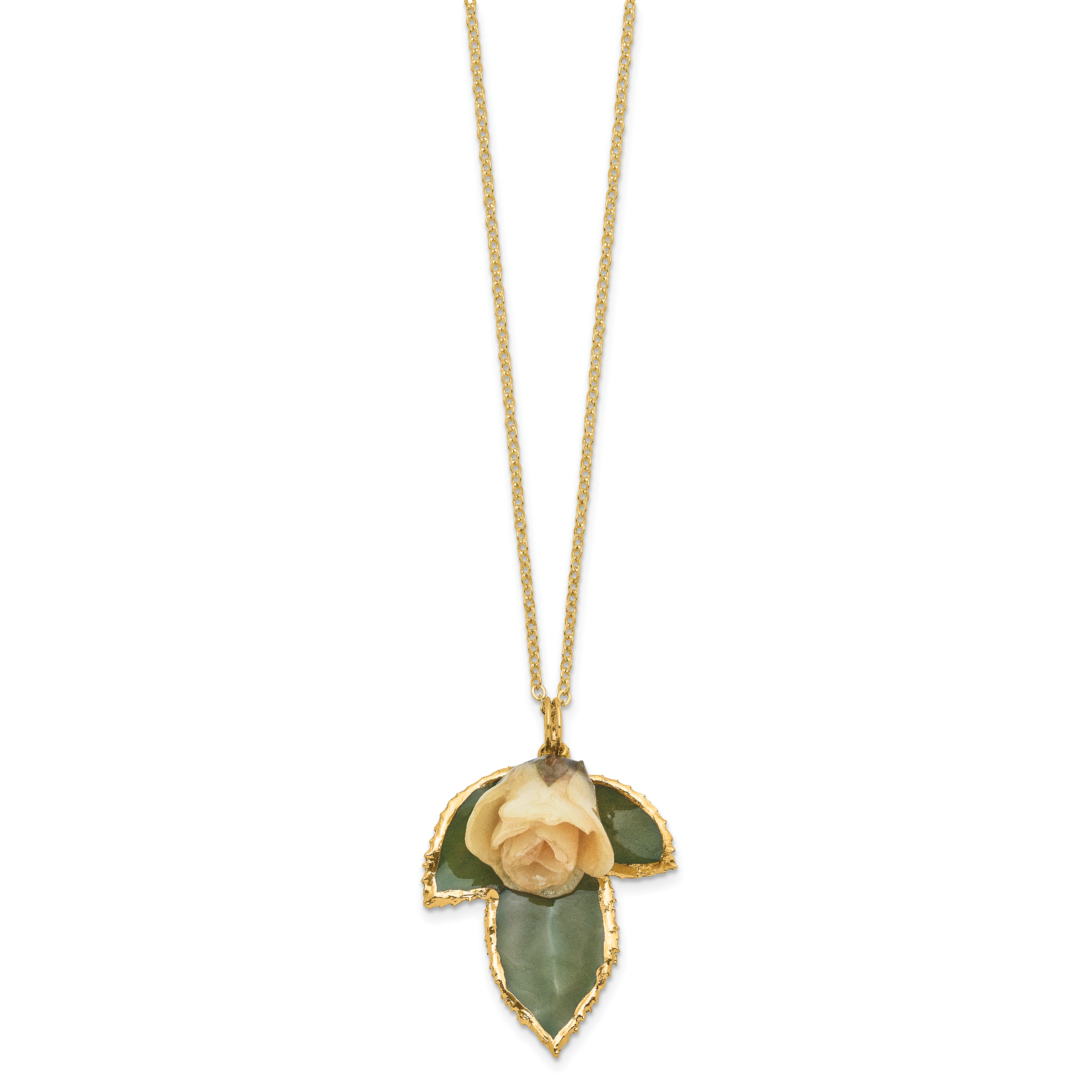 Lacquer Dipped White Real Rose on 24K Gold-trim Lacquer Dipped Leaf 20 inch Gold-tone Necklace