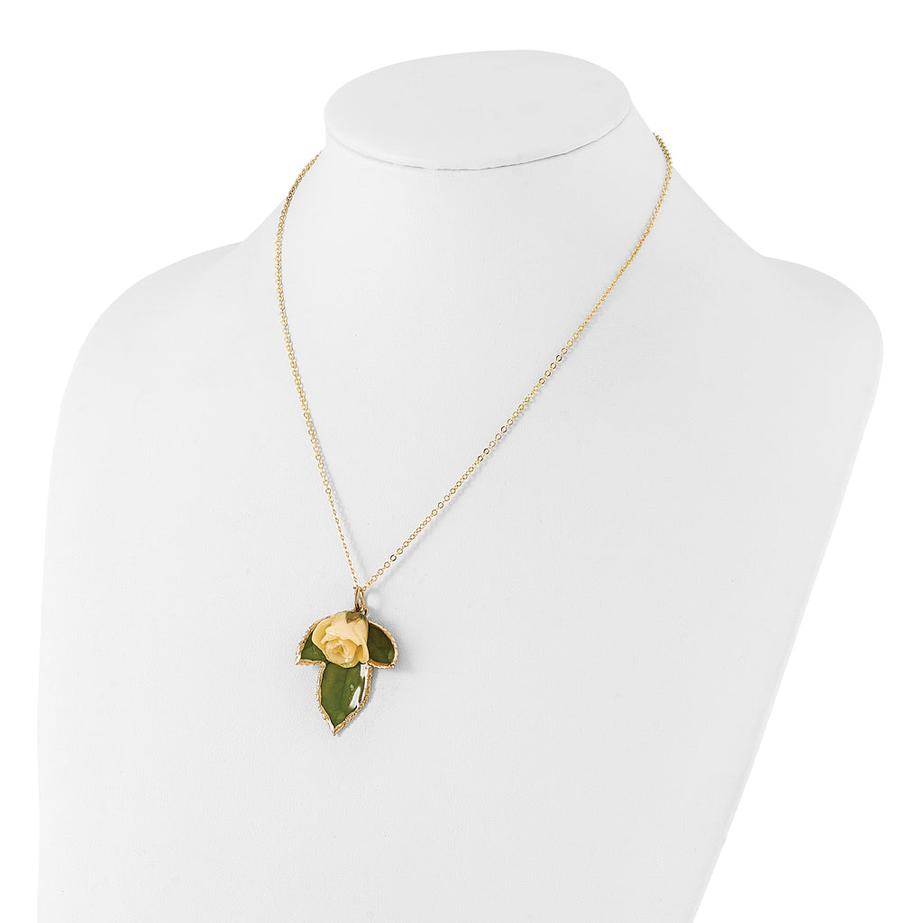 Lacquer Dipped White Real Rose on 24K Gold-trim Lacquer Dipped Leaf 20 inch Gold-tone Necklace