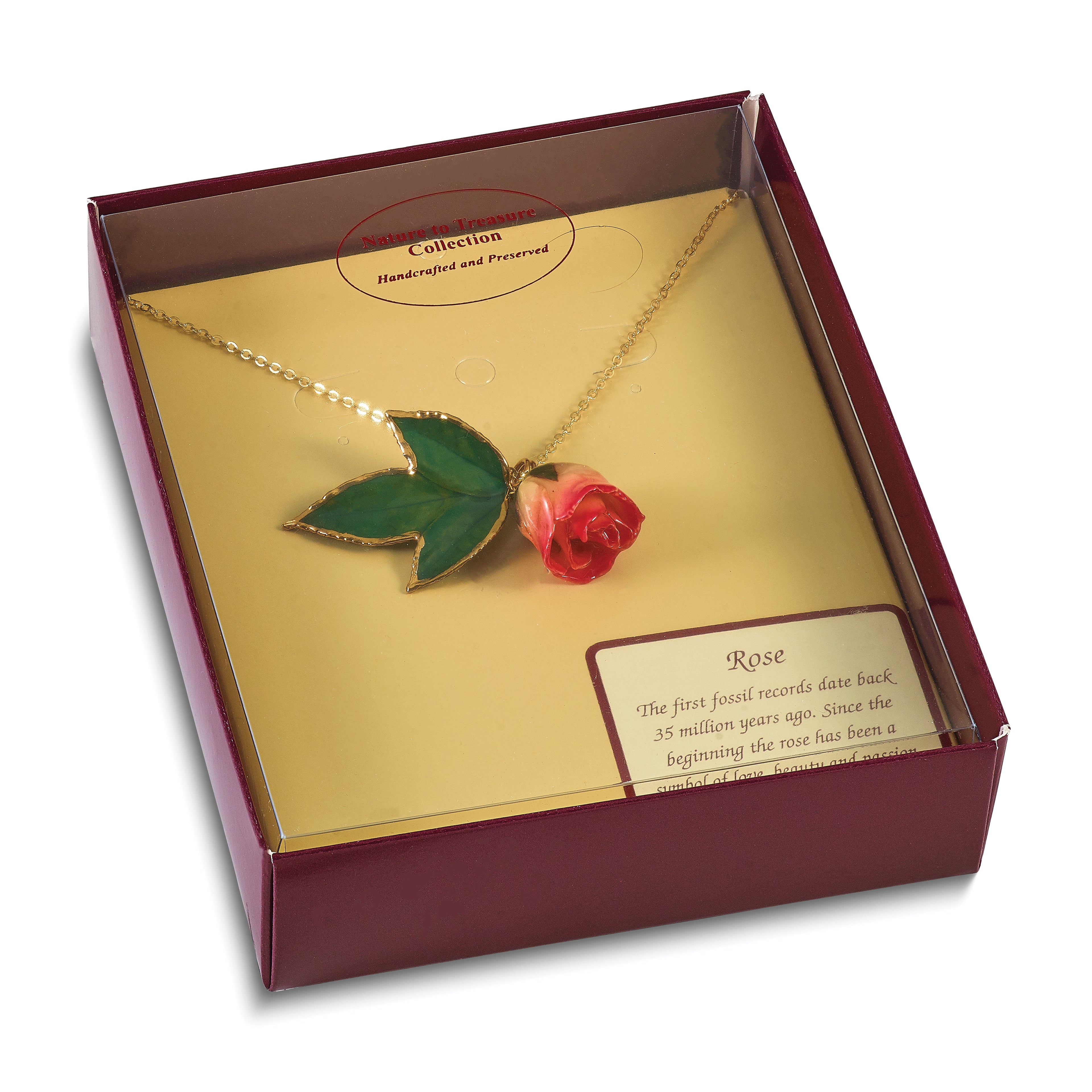 Lacquer Dipped White and Pink Real Rosebud on 24K Gold-trim Lacquered Dipped Leaf 20 inch Gold-tone Necklace