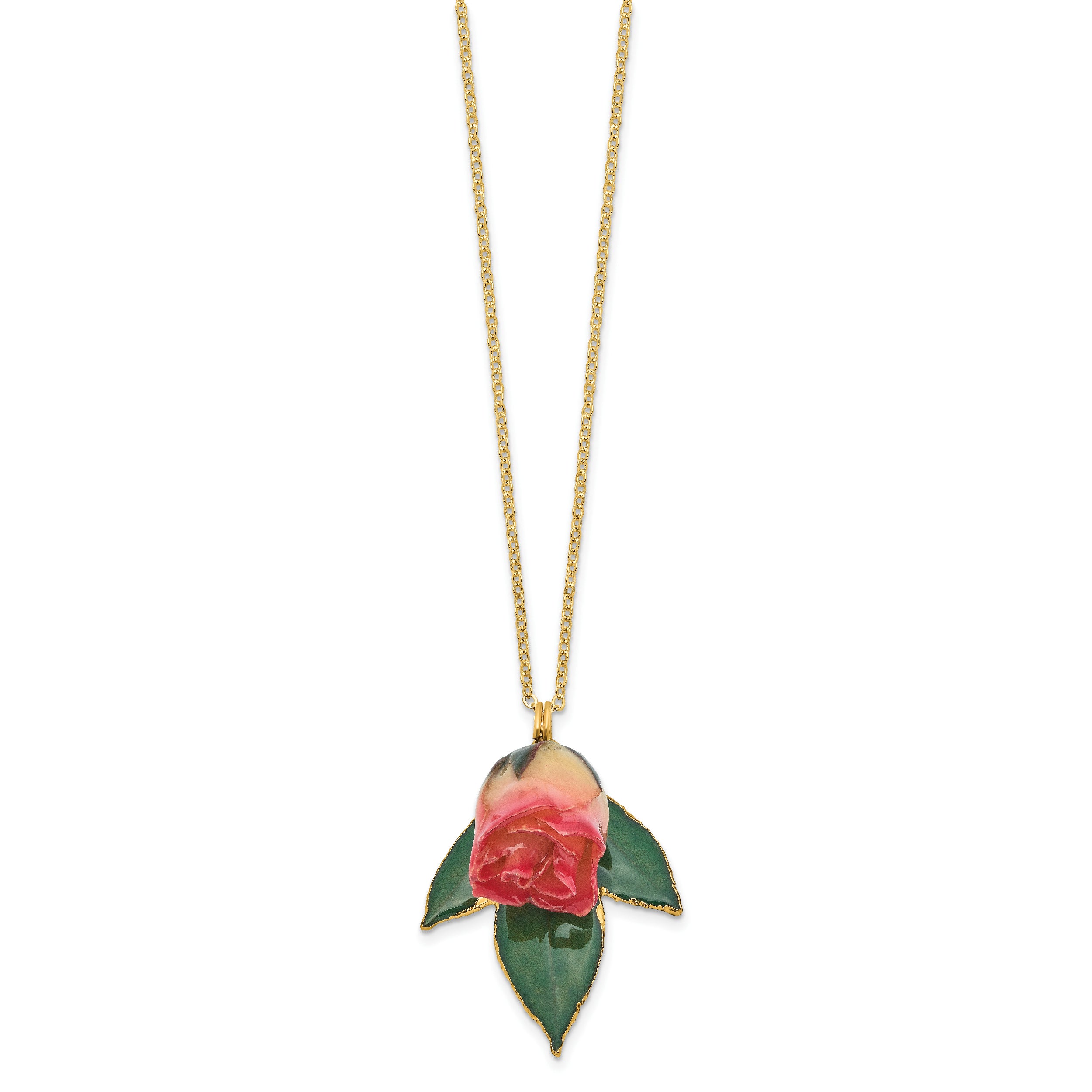 Lacquer Dipped White and Pink Real Rosebud on 24K Gold-trim Lacquered Dipped Leaf 20 inch Gold-tone Necklace