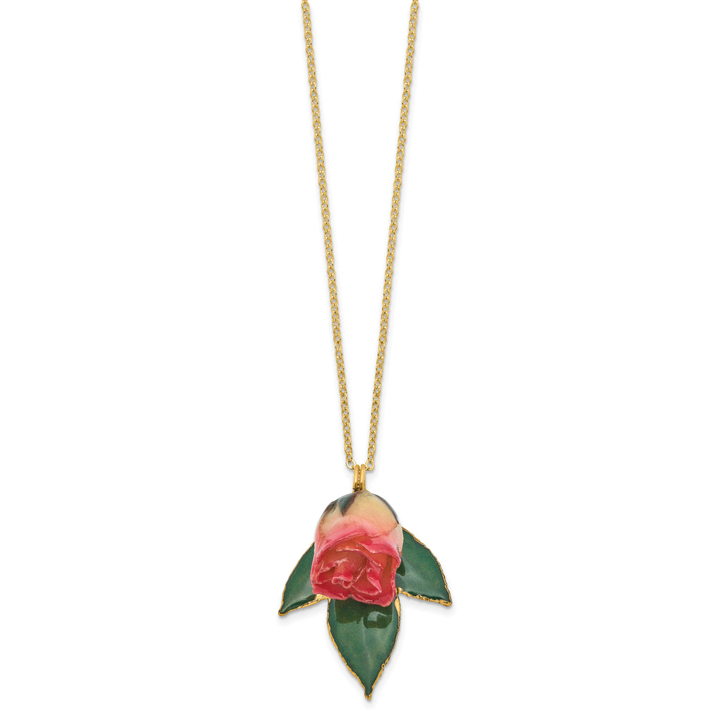 Lacquer Dipped White and Pink Real Rosebud on 24K Gold-trim Lacquered Dipped Leaf 20 inch Gold-tone Necklace