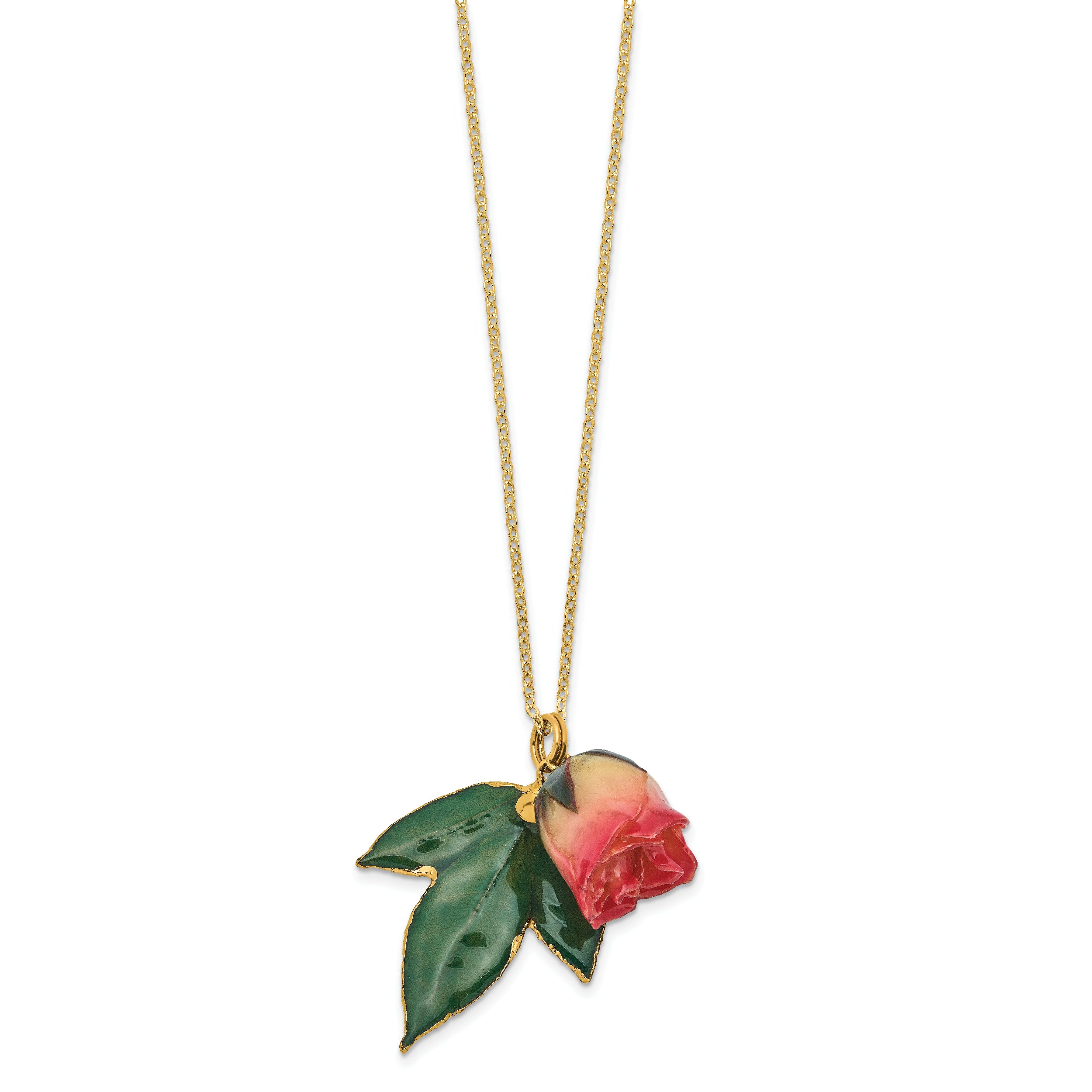 Lacquer Dipped White and Pink Real Rosebud on 24K Gold-trim Lacquered Dipped Leaf 20 inch Gold-tone Necklace