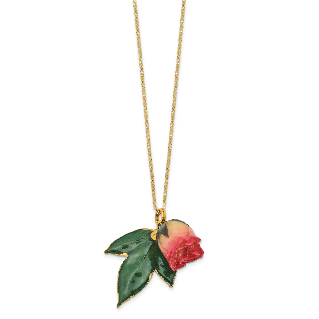 Lacquer Dipped White and Pink Real Rosebud on 24K Gold-trim Lacquered Dipped Leaf 20 inch Gold-tone Necklace