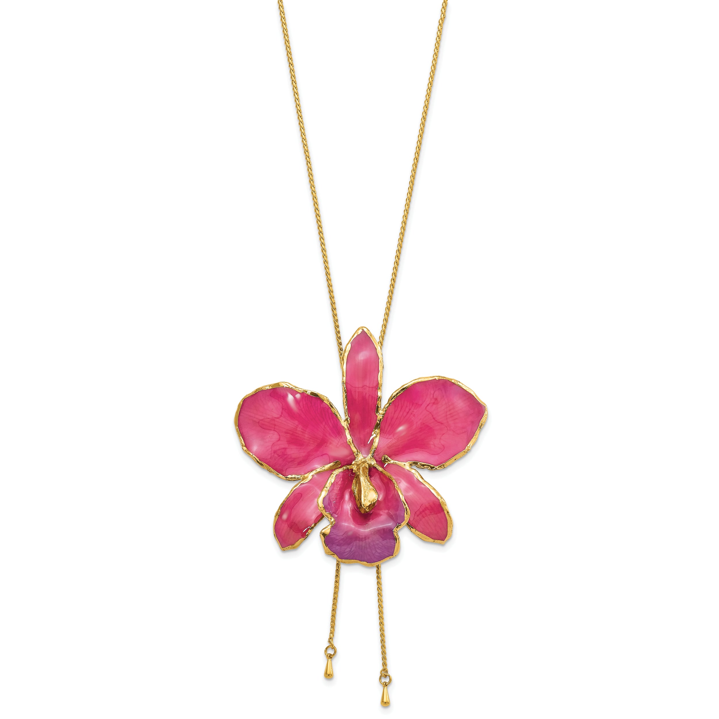 24K Gold-trim Lacquer Dipped Fuchsia Real Cattleya Orchid Slip-on Adjustable Gold-tone Necklace