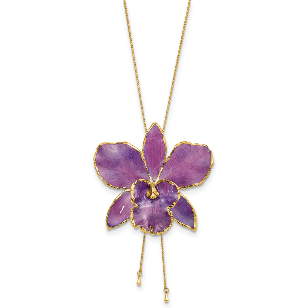 24K Gold-trim Lacquer Dipped Purple Real Cattleya Orchid Slip-on Adjustable Gold-tone Necklace