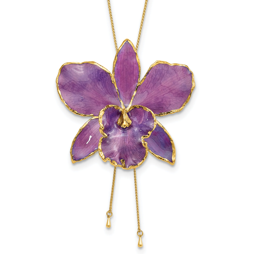 24K Gold-trim Lacquer Dipped Purple Real Cattleya Orchid Slip-on Adjustable Gold-tone Necklace