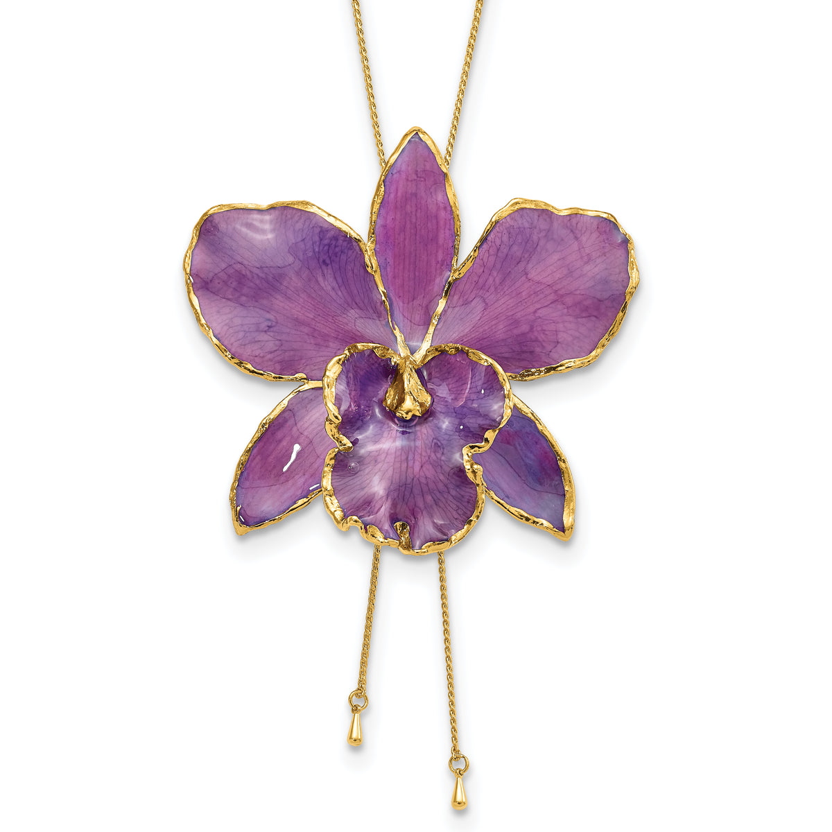 24K Gold-trim Lacquer Dipped Purple Real Cattleya Orchid Slip-on Adjustable Gold-tone Necklace