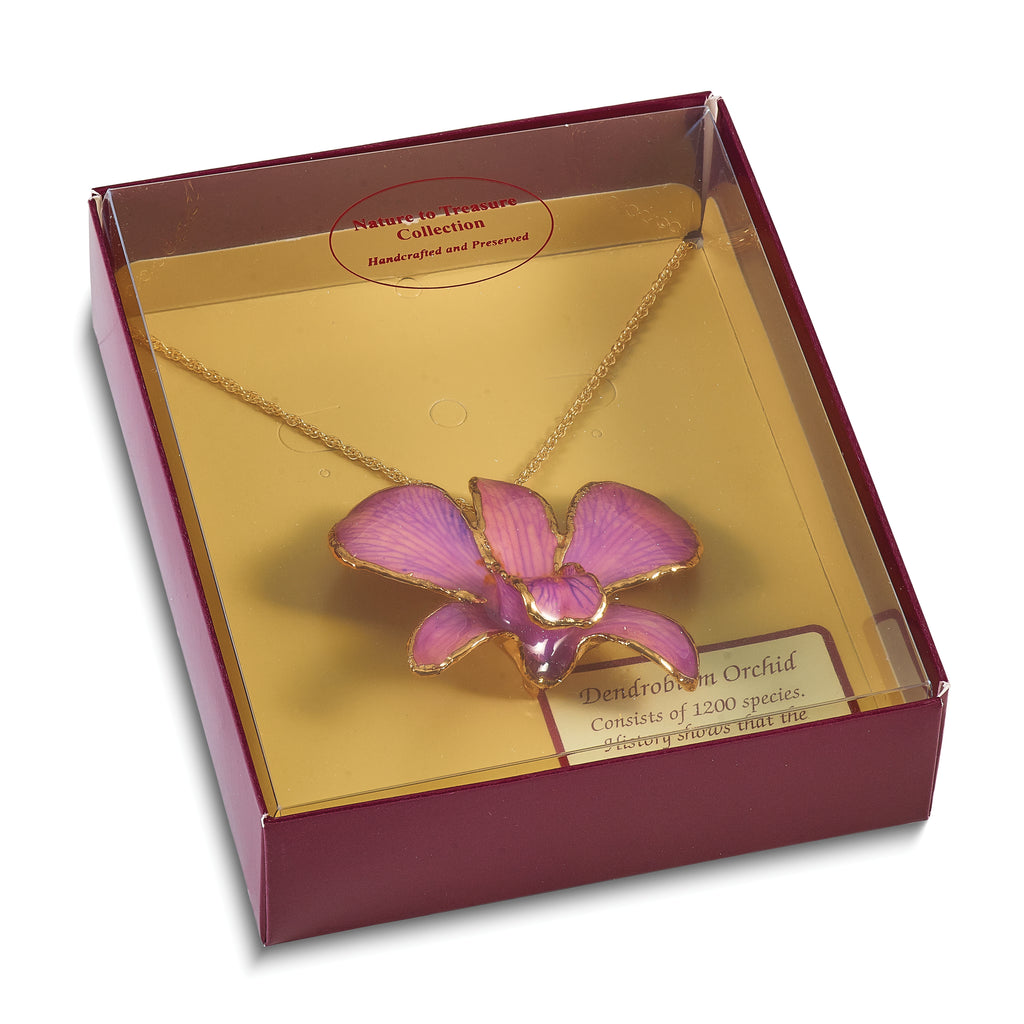 24K Gold-trim Lacquer Dipped Hot Lavender Real Dendrobium Orchid 20 inch Gold-tone Necklace