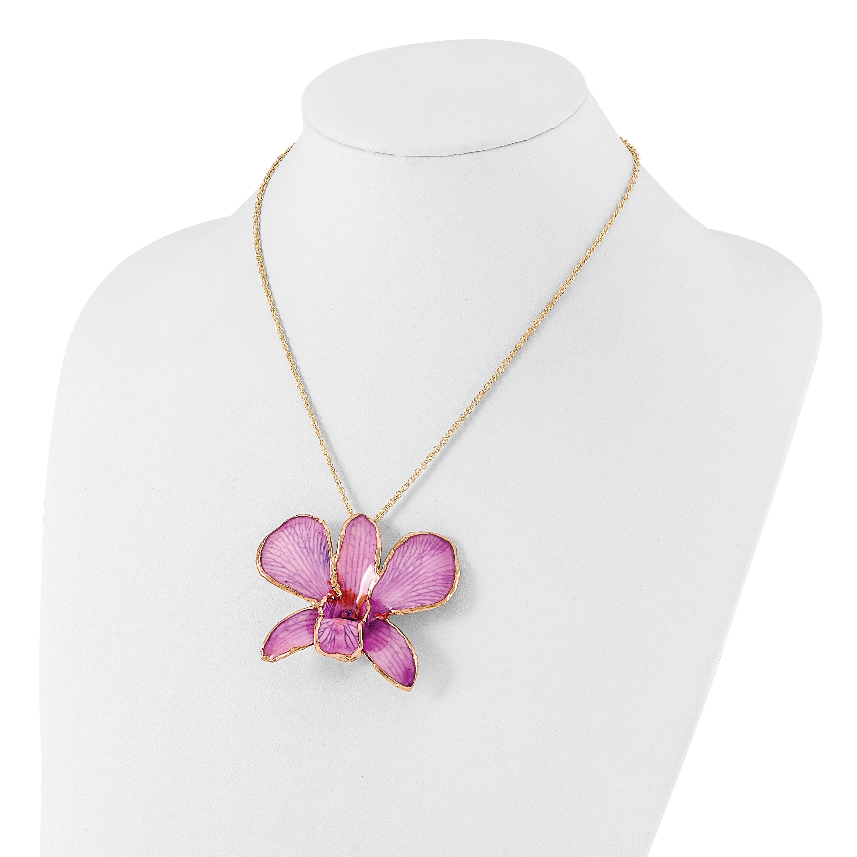 24K Gold-trim Lacquer Dipped Hot Lavender Real Dendrobium Orchid 20 inch Gold-tone Necklace
