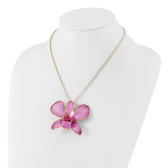 24K Gold-trim Lacquer Dipped Hot Lavender Real Dendrobium Orchid 20 inch Gold-tone Necklace