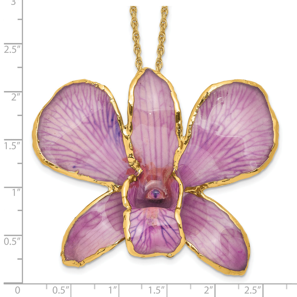 24K Gold-trim Lacquer Dipped Hot Lavender Real Dendrobium Orchid 20 inch Gold-tone Necklace