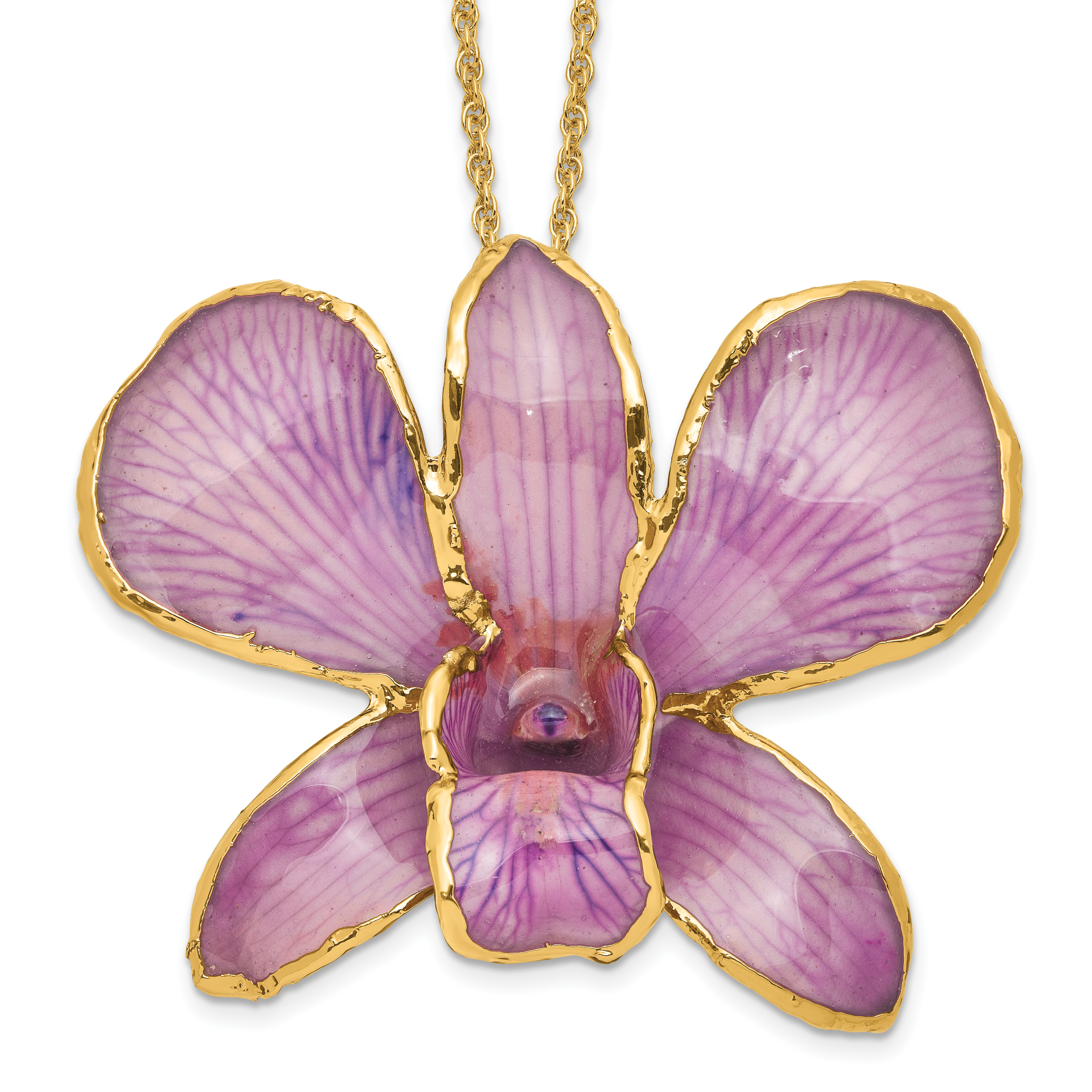 24K Gold-trim Lacquer Dipped Hot Lavender Real Dendrobium Orchid 20 inch Gold-tone Necklace