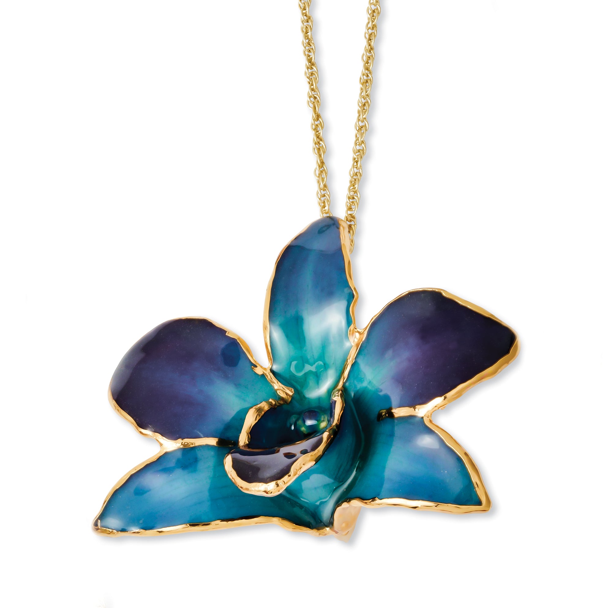 24K Gold-trim Lacquer Dipped Purple and Blue Real Dendrobium Orchid 20 inch Gold-tone Necklace Main image