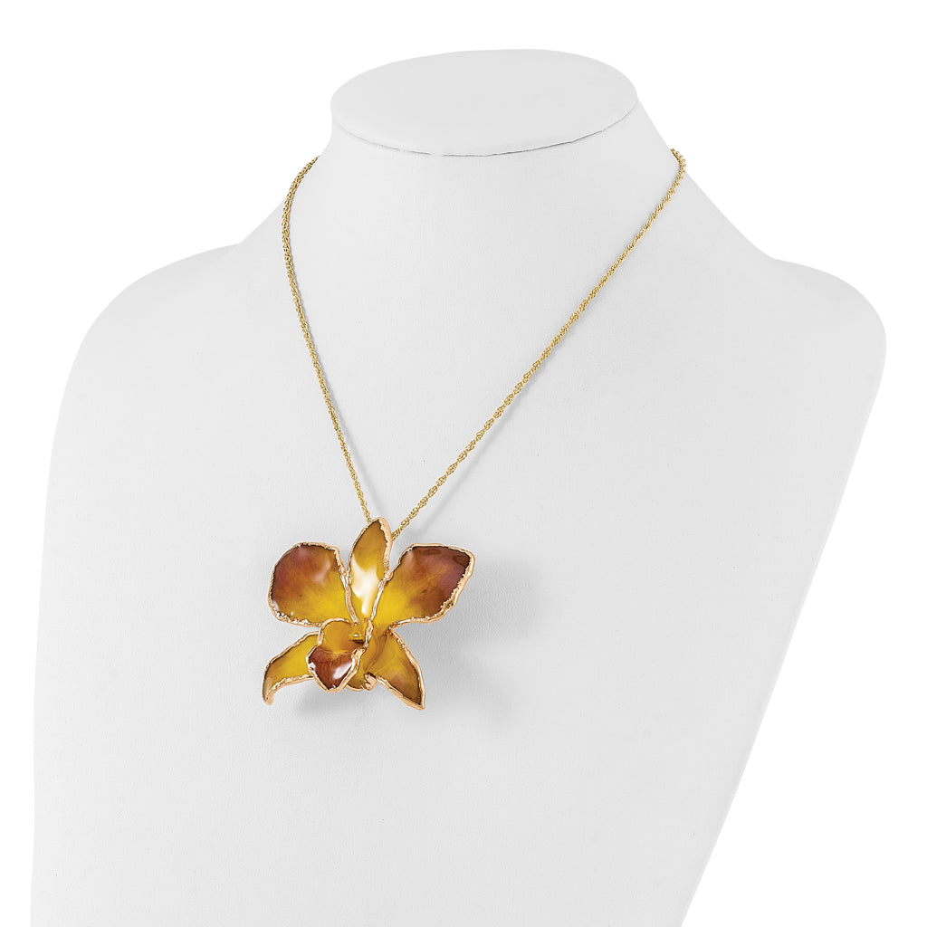24K Gold-trim Lacquer Dipped Purple and Yellow Real Dendrobium Orchid 20 inch Gold-tone Necklace
