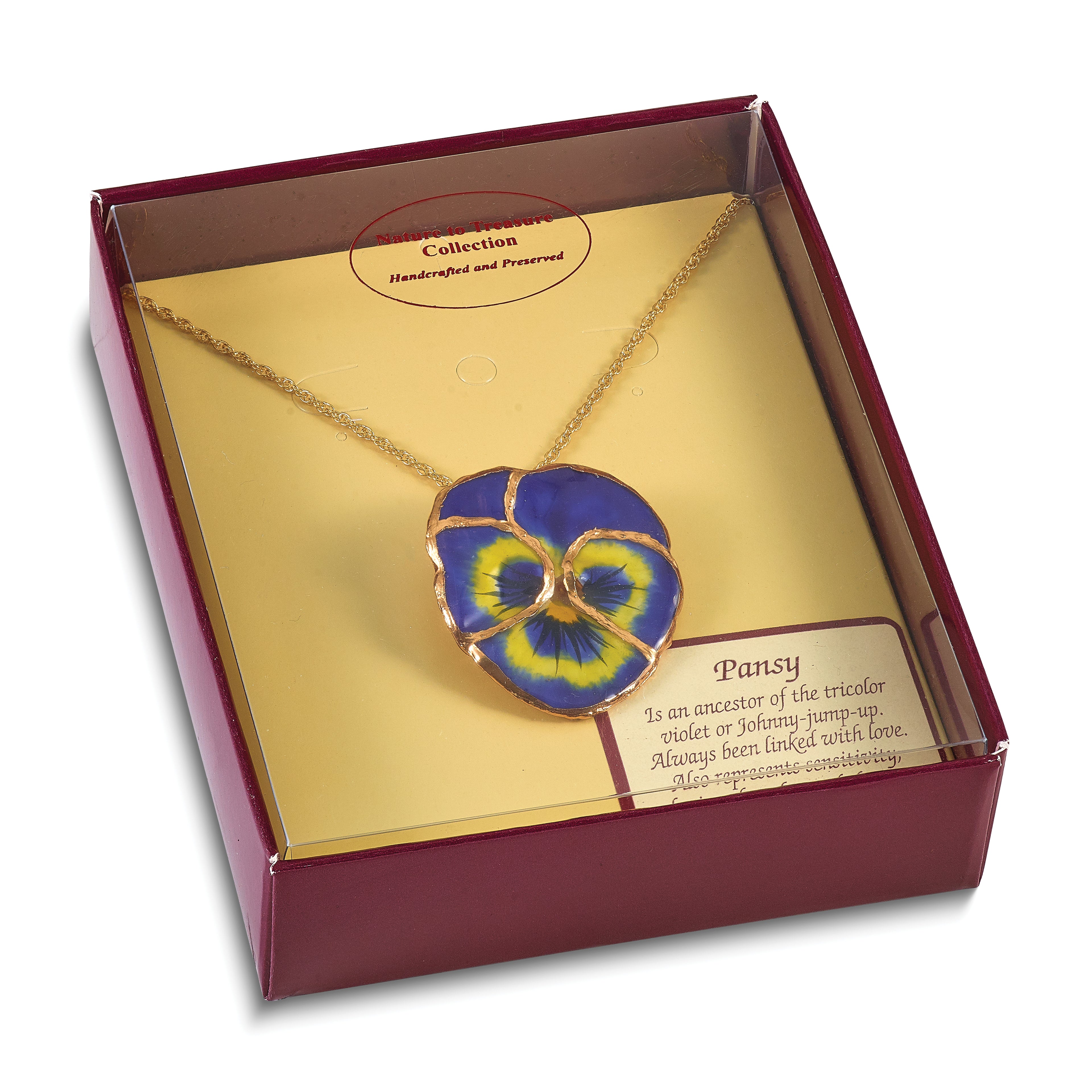 24K Gold-trim Lacquer Dipped Blue Real Pansy with 20 inch Gold-tone Necklace