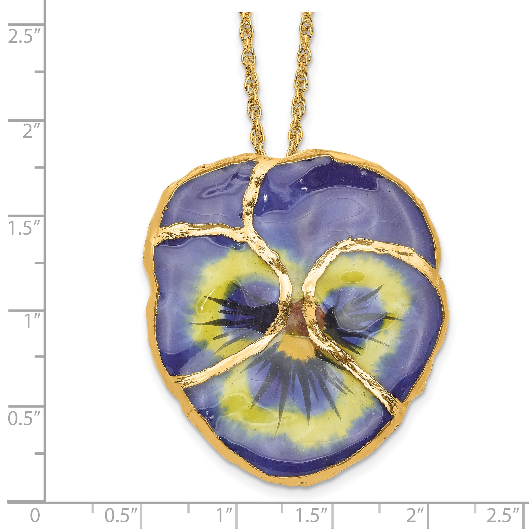 24K Gold-trim Lacquer Dipped Blue Real Pansy with 20 inch Gold-tone Necklace