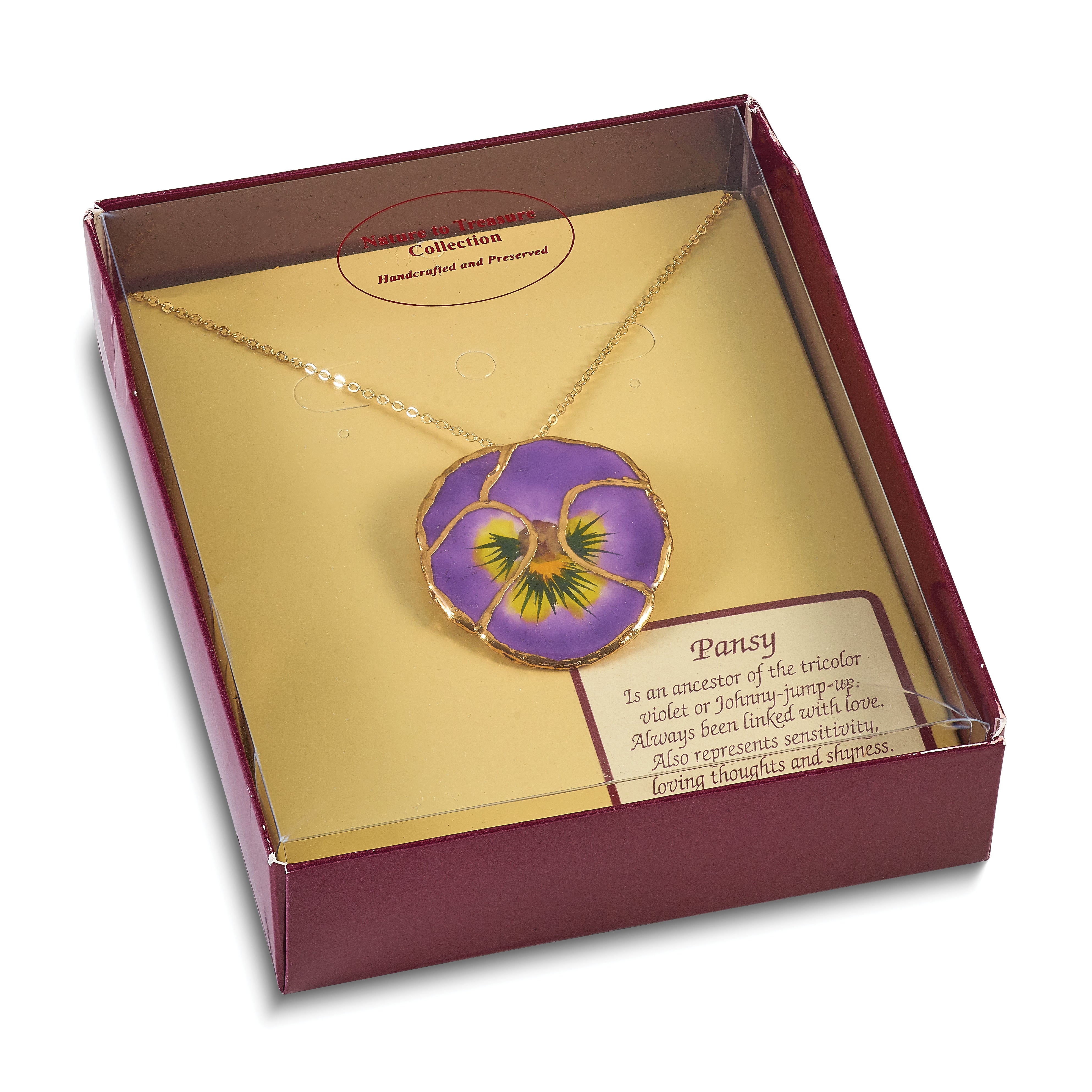 24K Gold-trim Lacquer Dipped Lilac Real Pansy 20 inch Gold-tone Necklace
