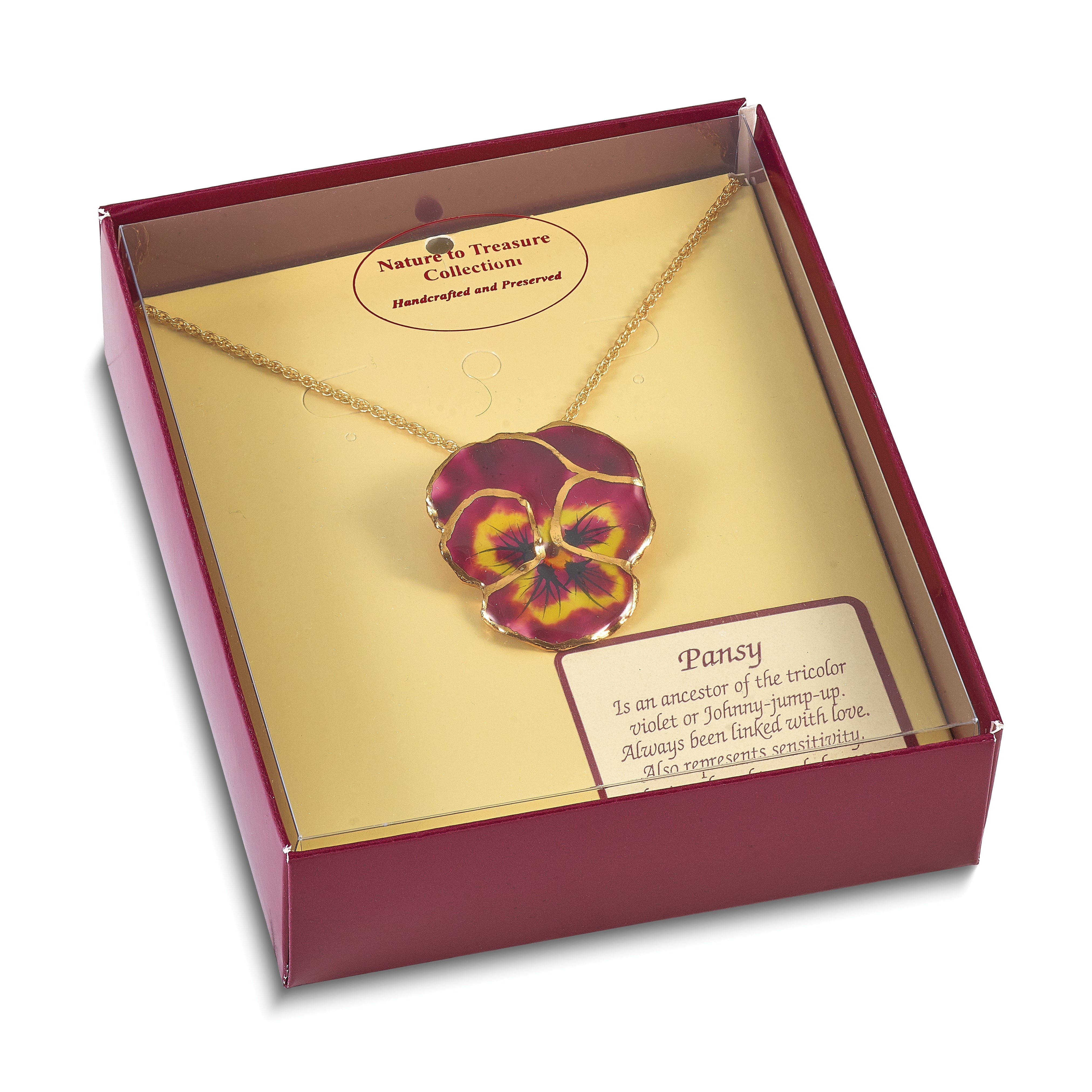 24K Gold-trim Lacquer Dipped Violet Real Pansy 20 inch Gold-tone Necklace