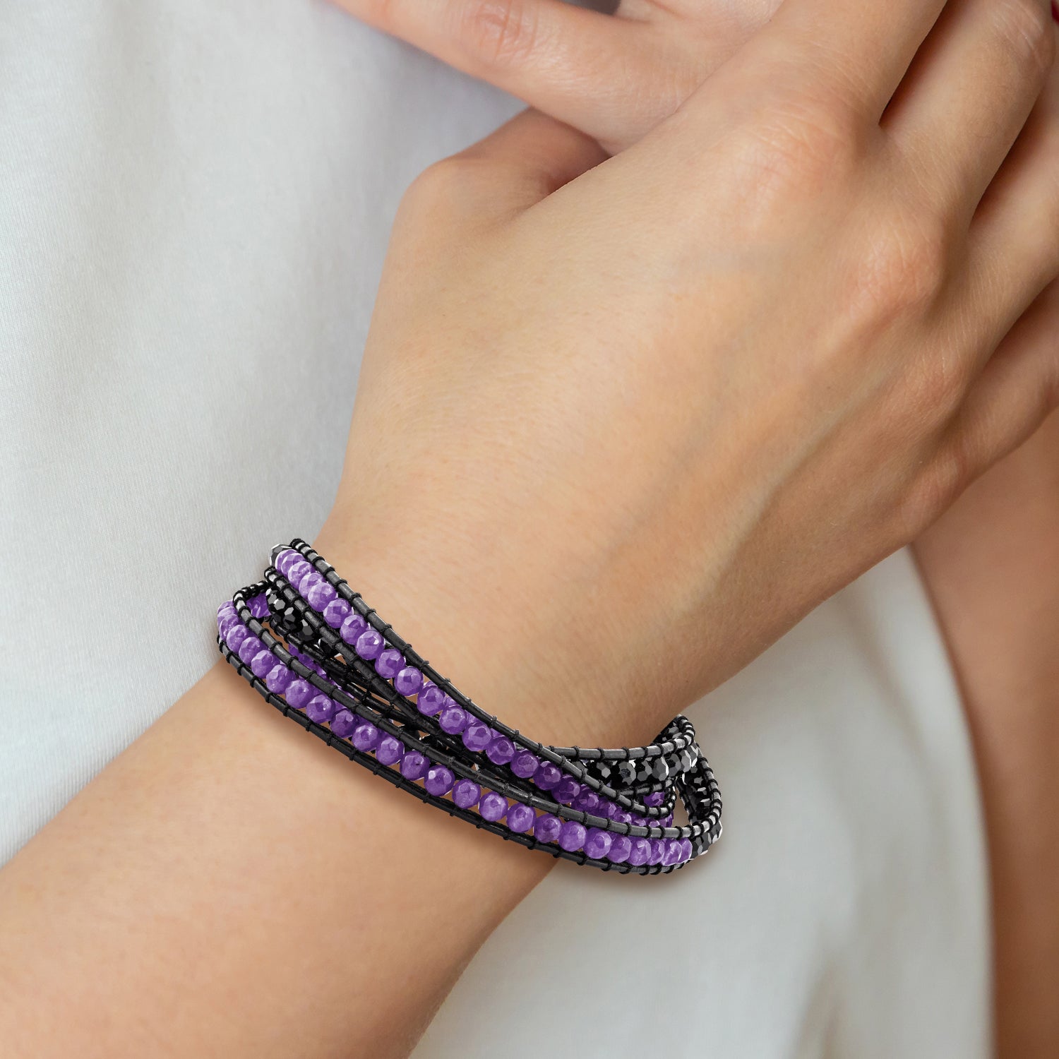 Black Crystal/Purple Quartz Bead/Leather Multi-wrap Bracelet Main image