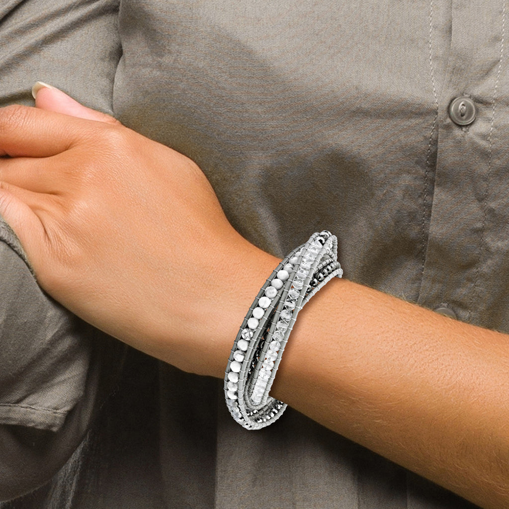 Crystal/Hematite/White Howlite Bead Leather Multi-wrap Bracelet