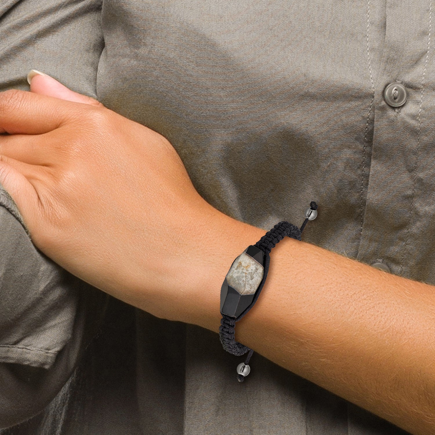 16x28mm Milky Crystal Agate With Hematite Beads Black Cord Bracelet