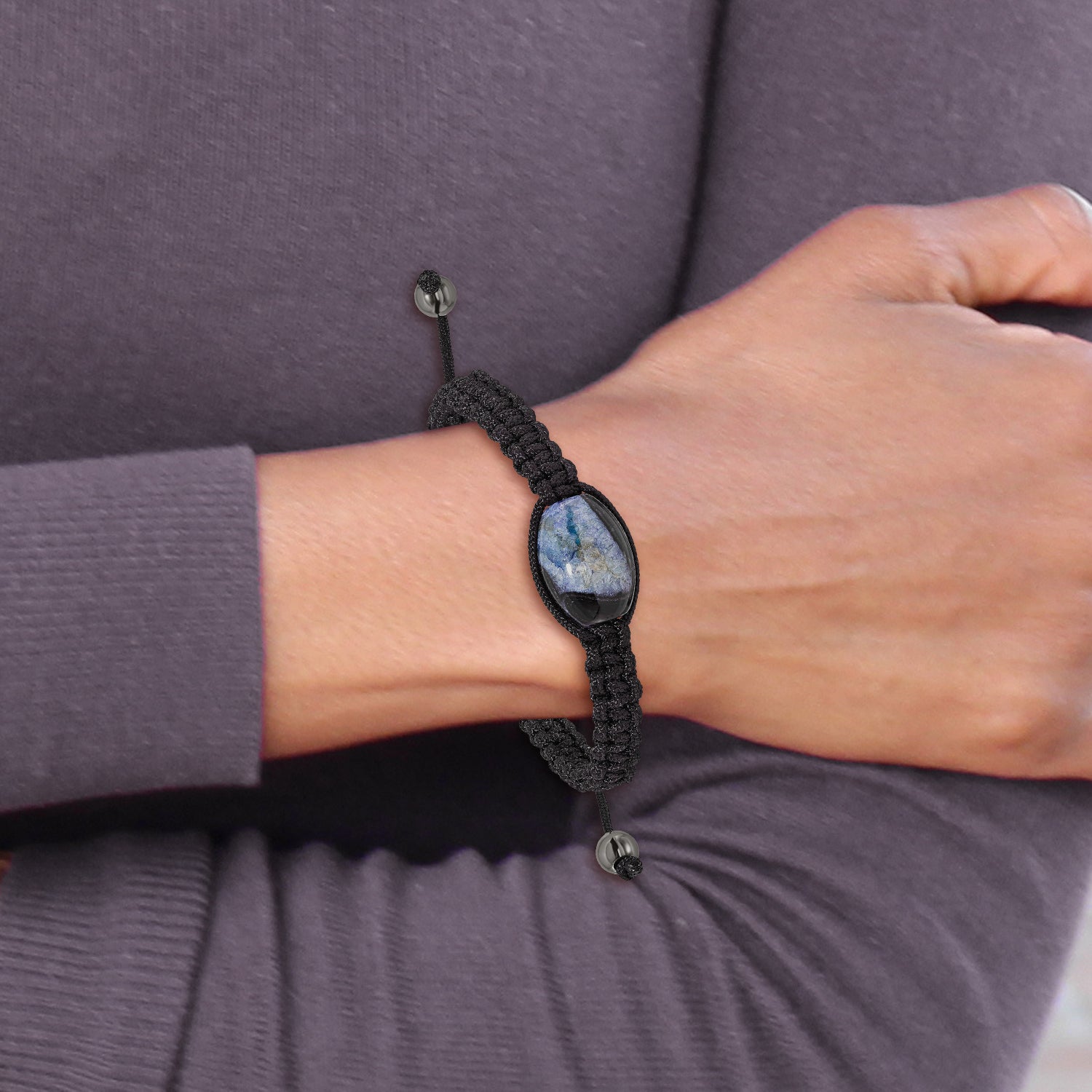 13x19mm Blue Crystal Agate With  Hematite Beads Black Cord Bracelet