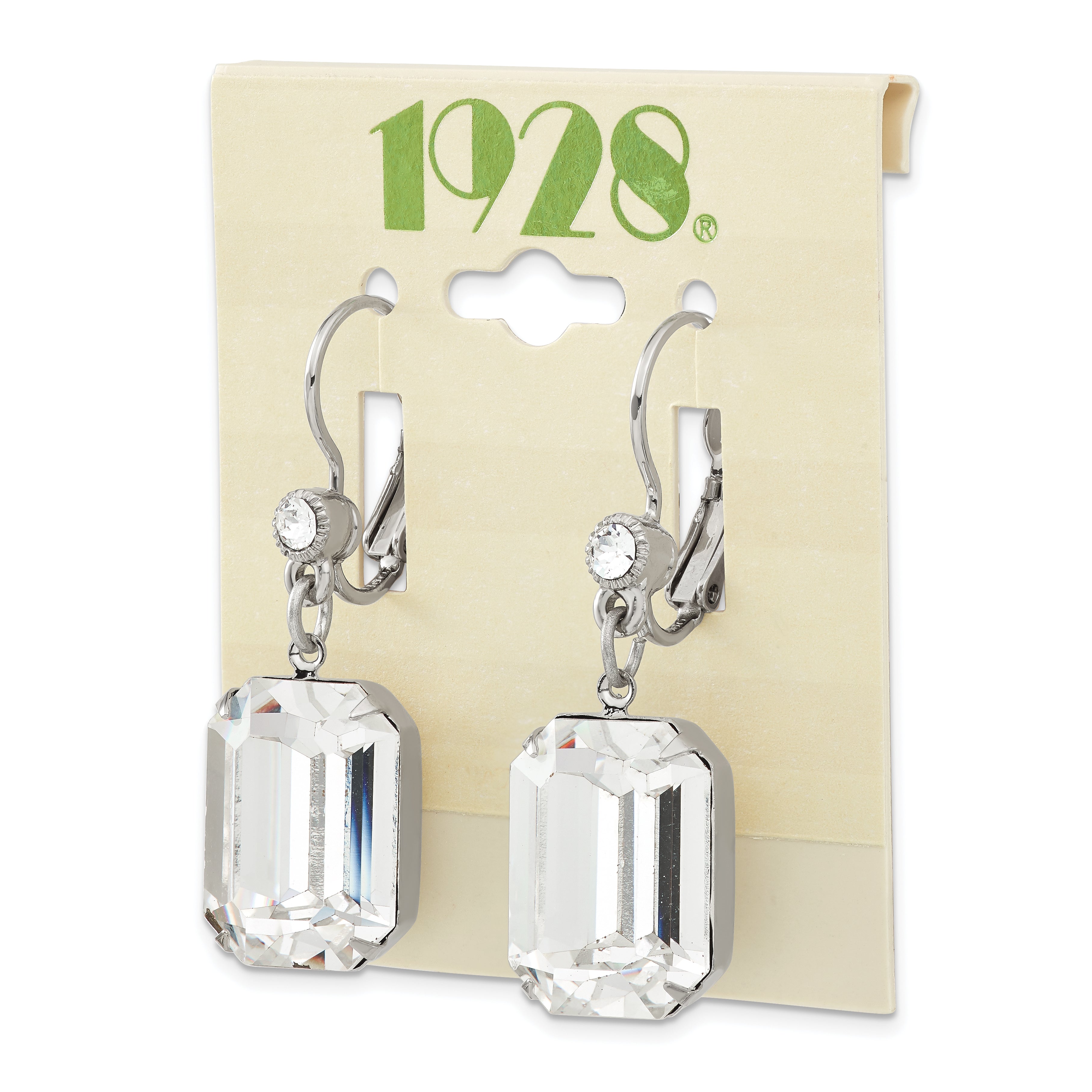 1928 Jewelry Silver-tone Clear Emerald Cut Crystals Dangle Leverback Earrings