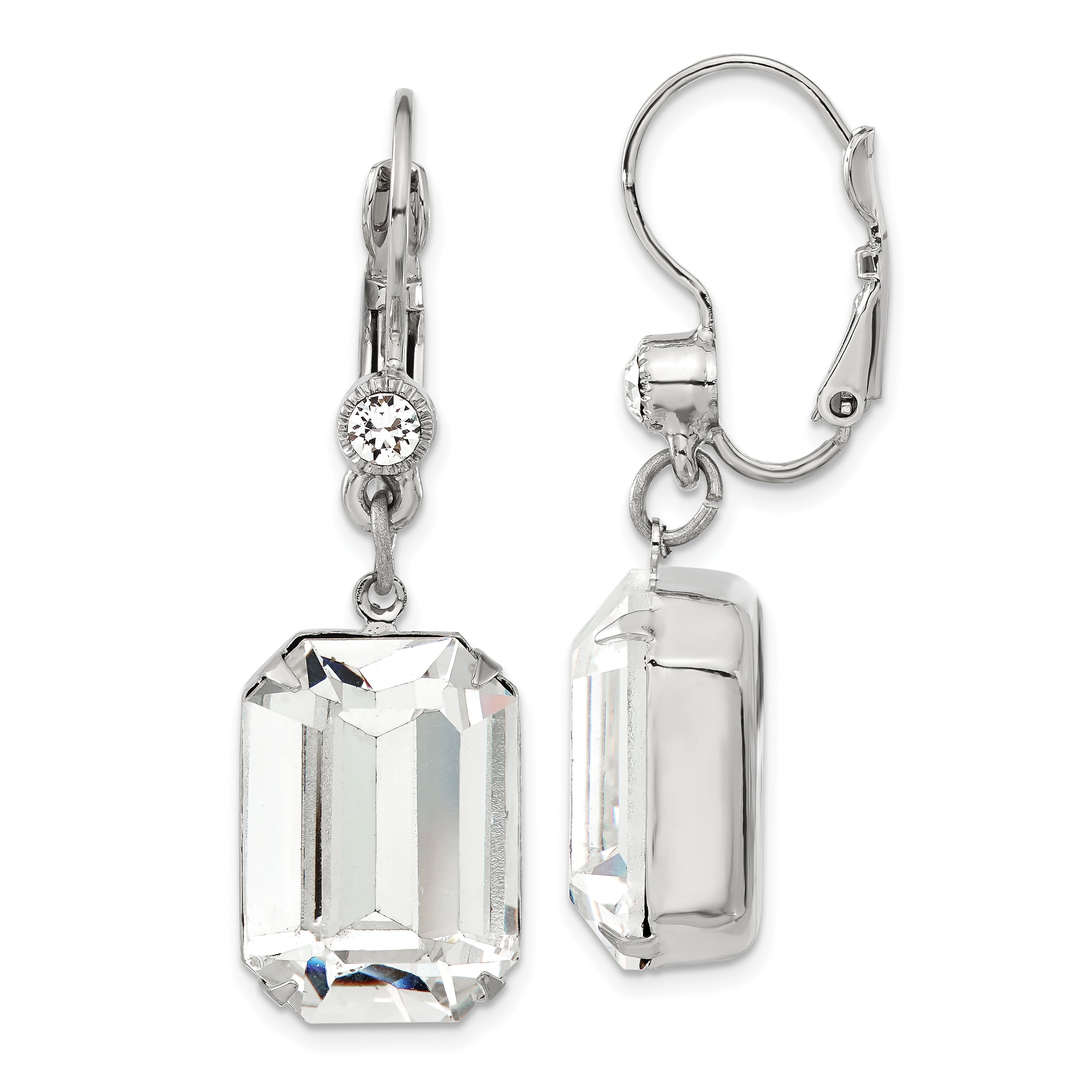 1928 Jewelry Silver-tone Clear Emerald Cut Crystals Dangle Leverback Earrings Main image