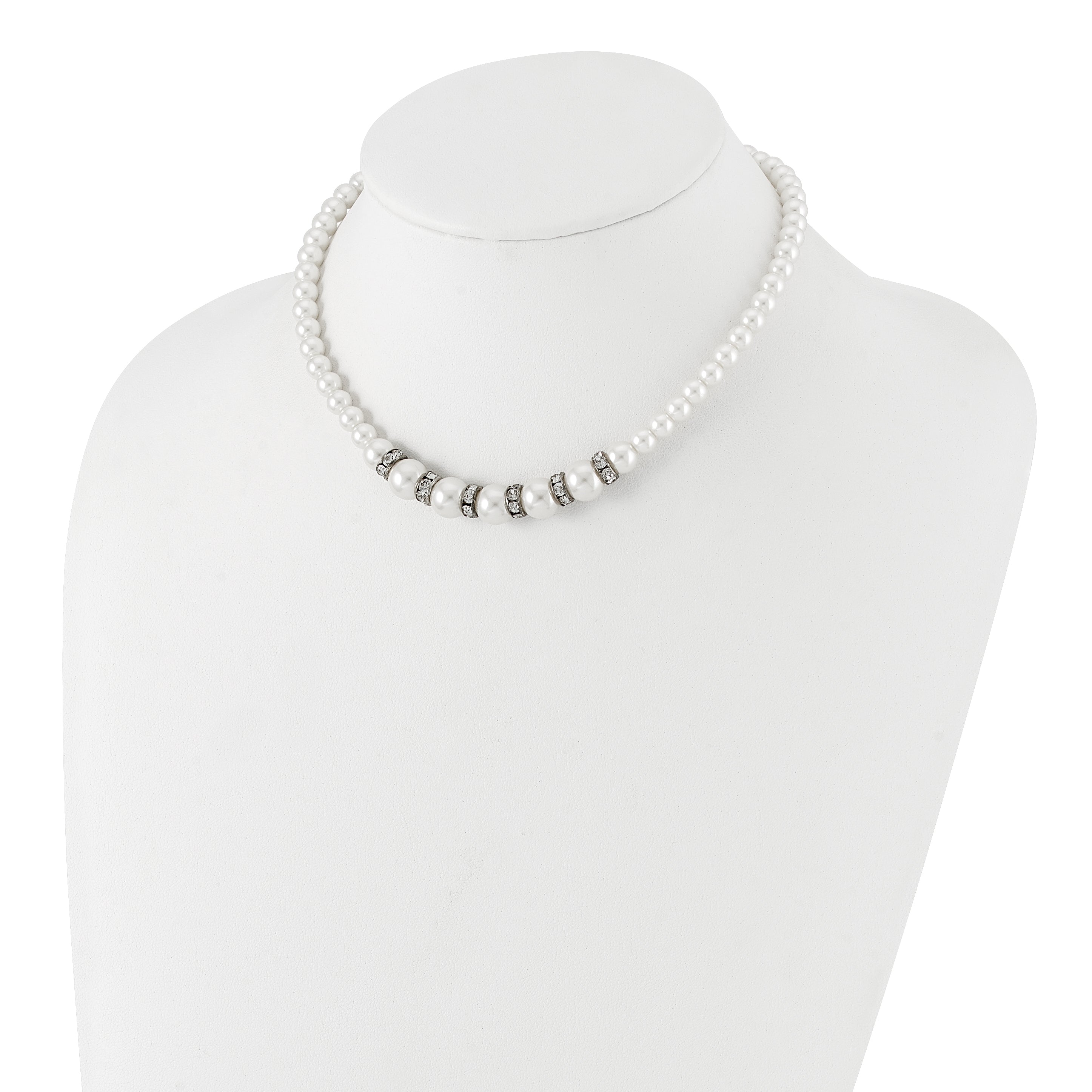 1928 Silver-tone Clear Crystal and Simulated Pearl 15in With  3in ext Necklace