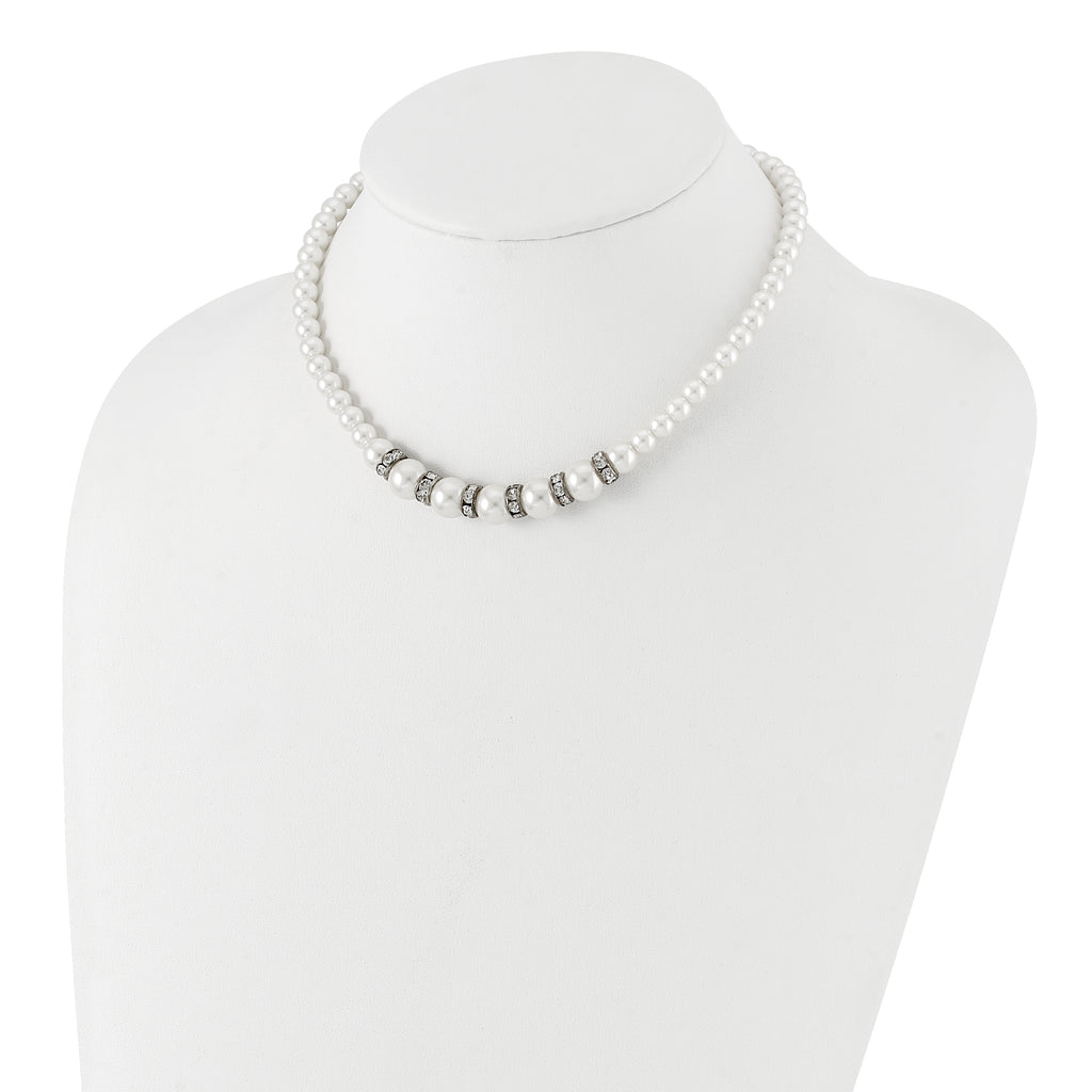 1928 Silver-tone Clear Crystal and Simulated Pearl 15in With  3in ext Necklace