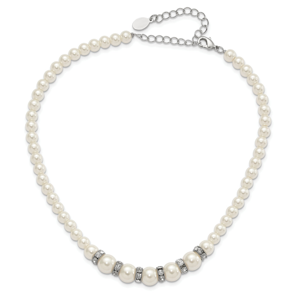 1928 Silver-tone Clear Crystal and Simulated Pearl 15in With  3in ext Necklace