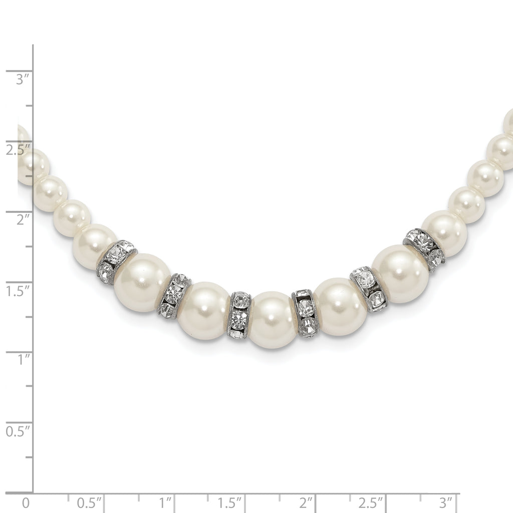 1928 Silver-tone Clear Crystal and Simulated Pearl 15in With  3in ext Necklace