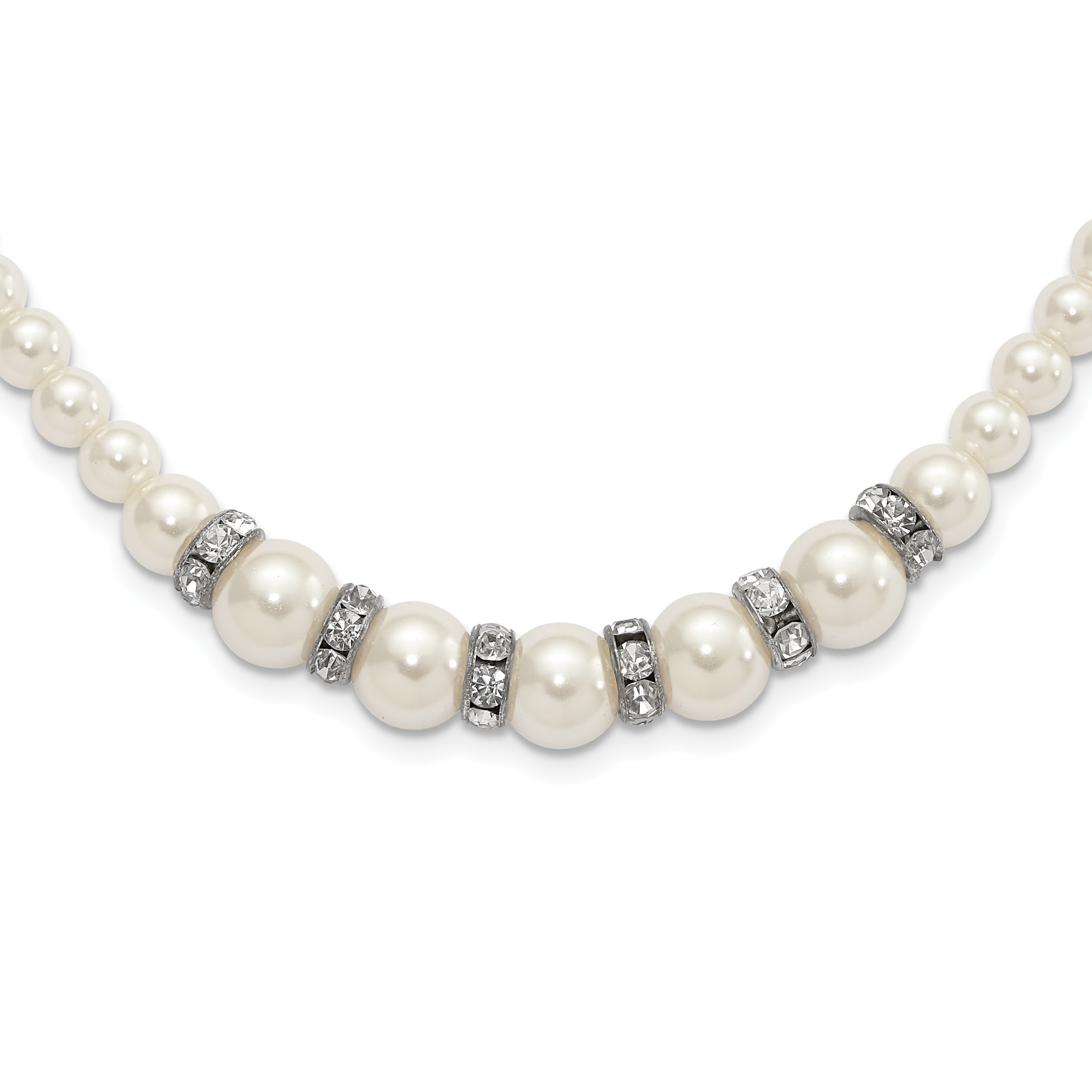 1928 Silver-tone Clear Crystal and Simulated Pearl 15in With  3in ext Necklace