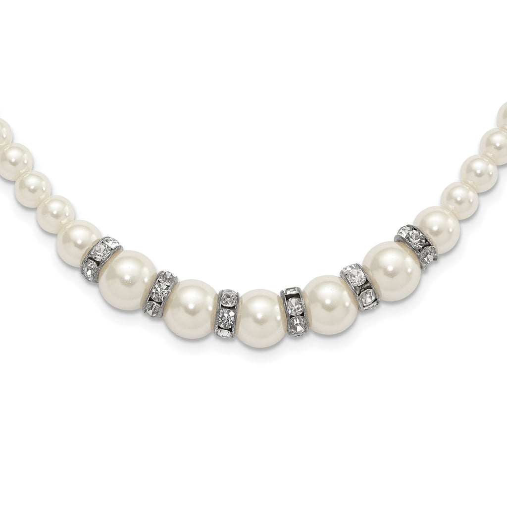 1928 Silver-tone Clear Crystal and Simulated Pearl 15in With  3in ext Necklace