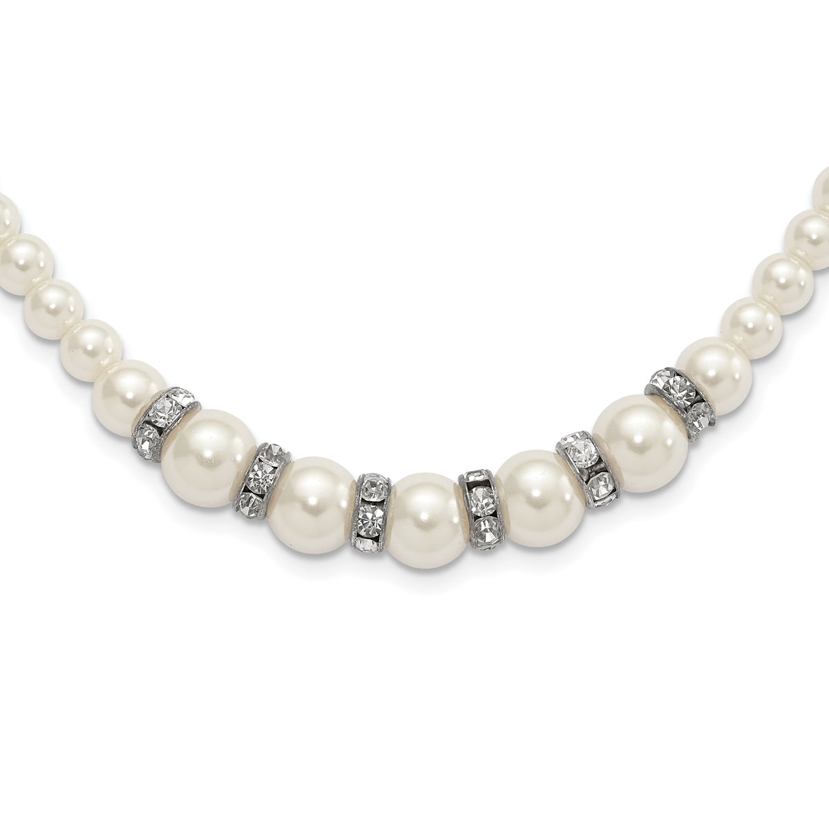 1928 Silver-tone Clear Crystal and Simulated Pearl 15in With  3in ext Necklace