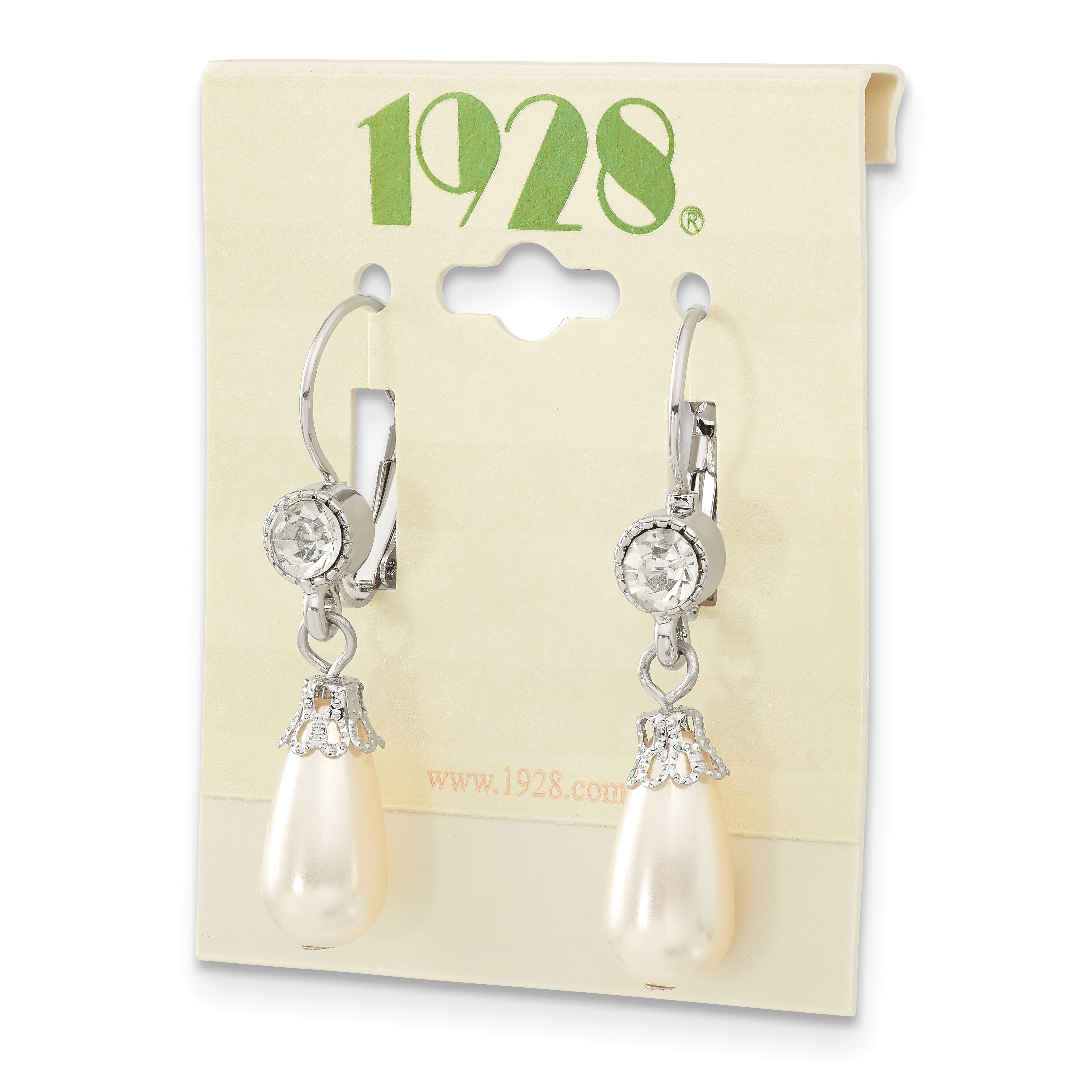 1928 Jewelry Silver-tone Clear Crystal Imitation Pearl Teardrop Dangle Leverback Earrings