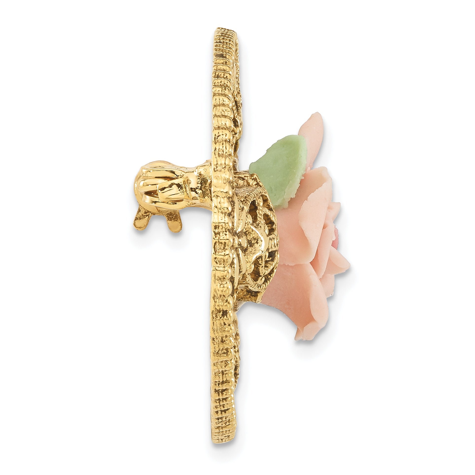 1928 Jewelry Gold-tone Filigree Pink Rose Porcelain Flower Pin Brooch Secondary image