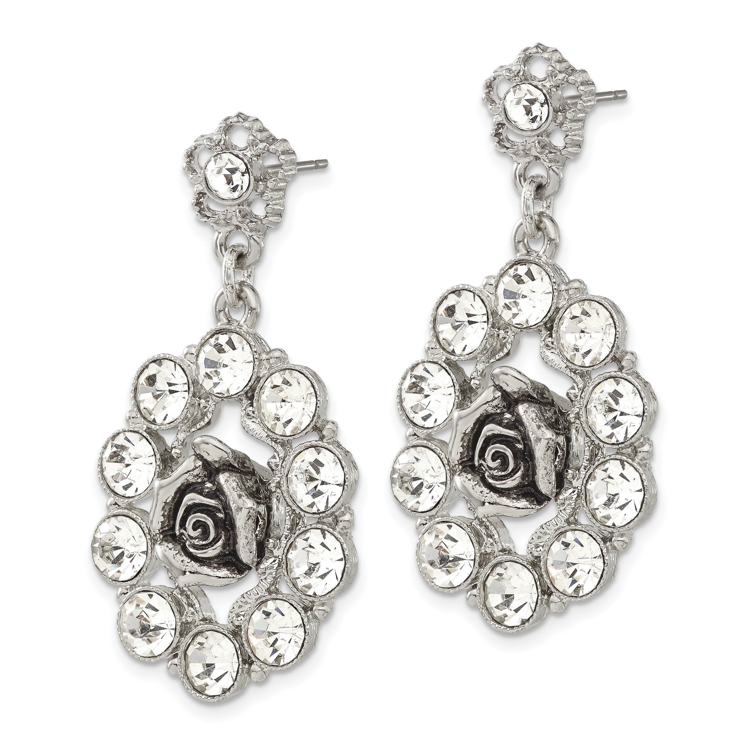 1928 Silver-tone White Crystal Rose Post Dangle Earrings