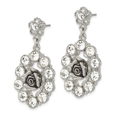 1928 Silver-tone White Crystal Rose Post Dangle Earrings
