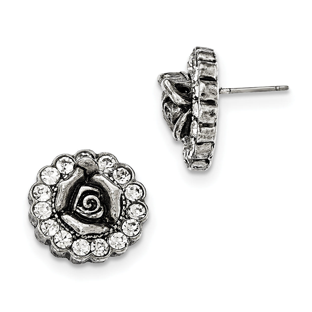 1928 Silver-tone White Crystal Rose Post Earrings Main image