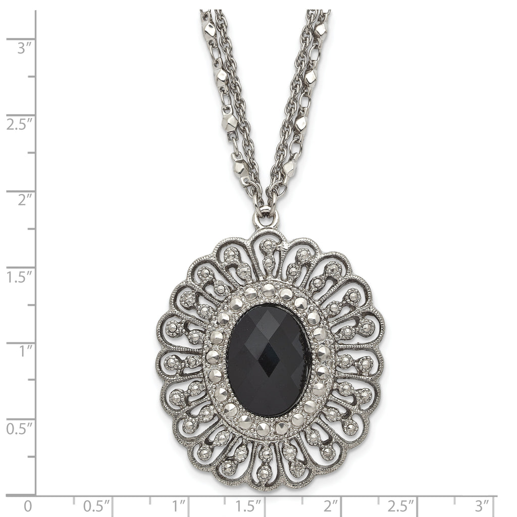 1928 Silver-tone Black Epoxy & Acrylic Fancy Bead With 3in ext. Necklace